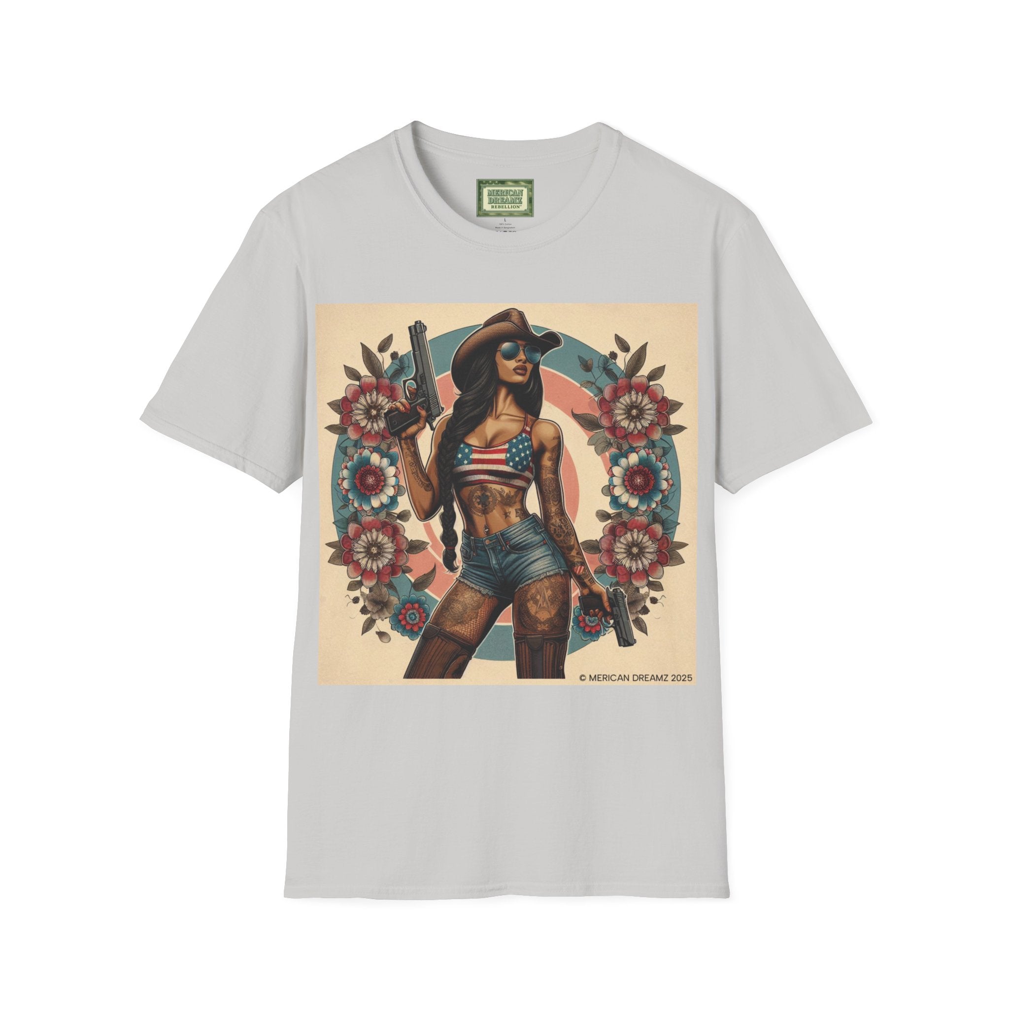 Pin-Up Americana T-Shirt — Retro Floral Gun Cowgirl Vintage Style (US Only)