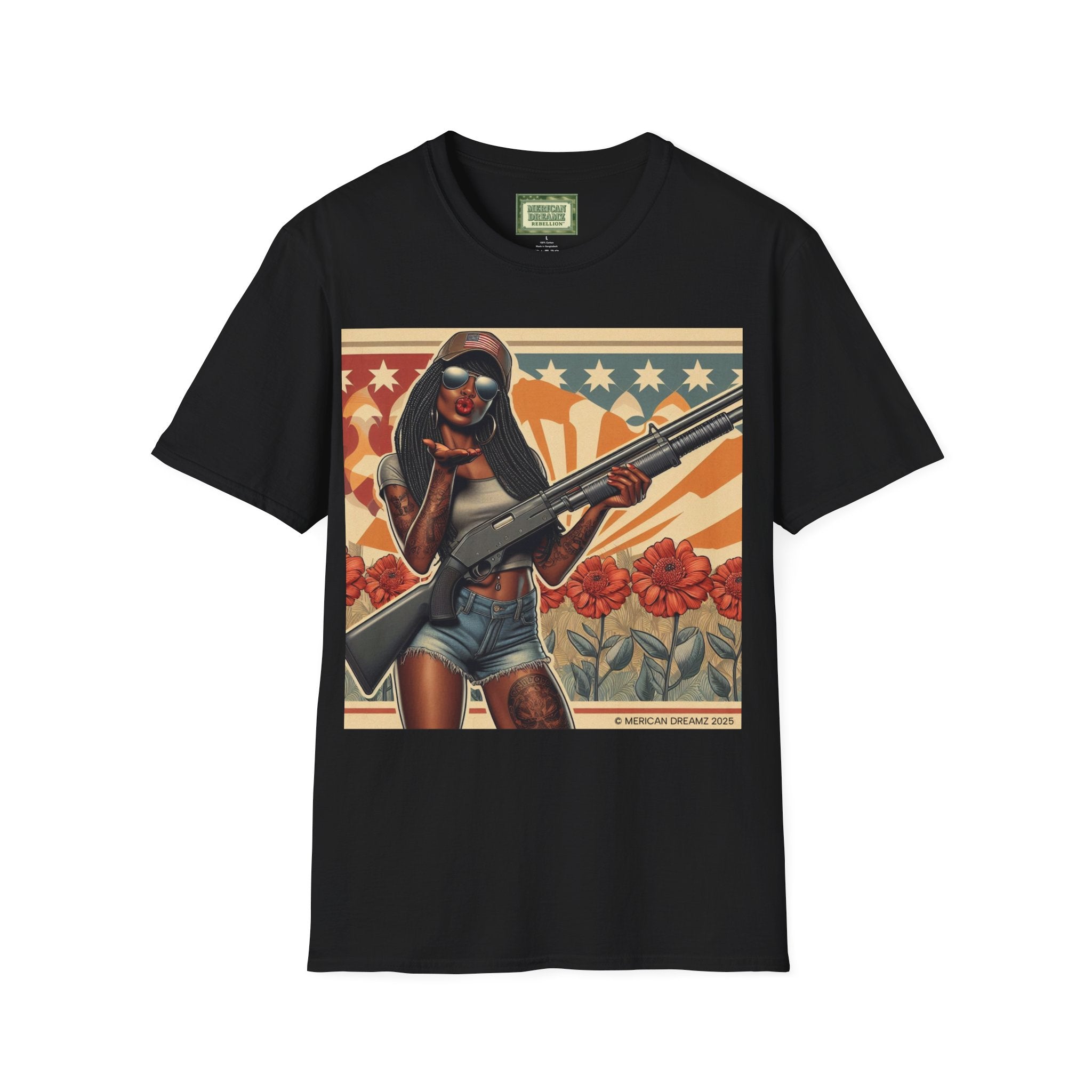 Graphic T-Shirt — Patriotic Pinup Girl with Shotgun Vintage Flag Design (US Only)