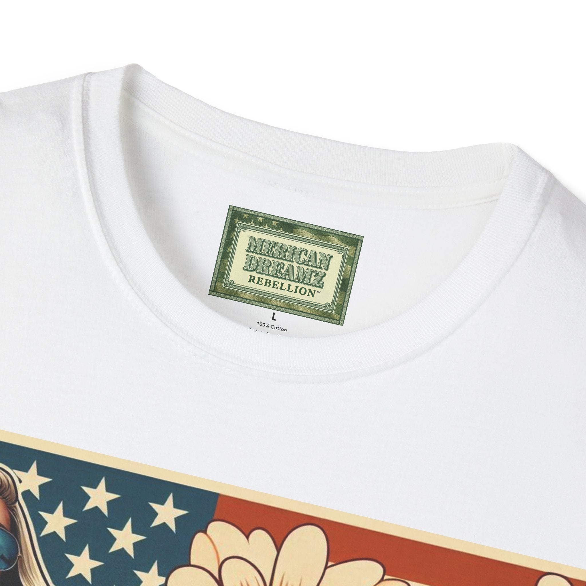 Graphic T-Shirt — Patriotic Pinup Girl with Rifle Vintage Flag Design (US Only)