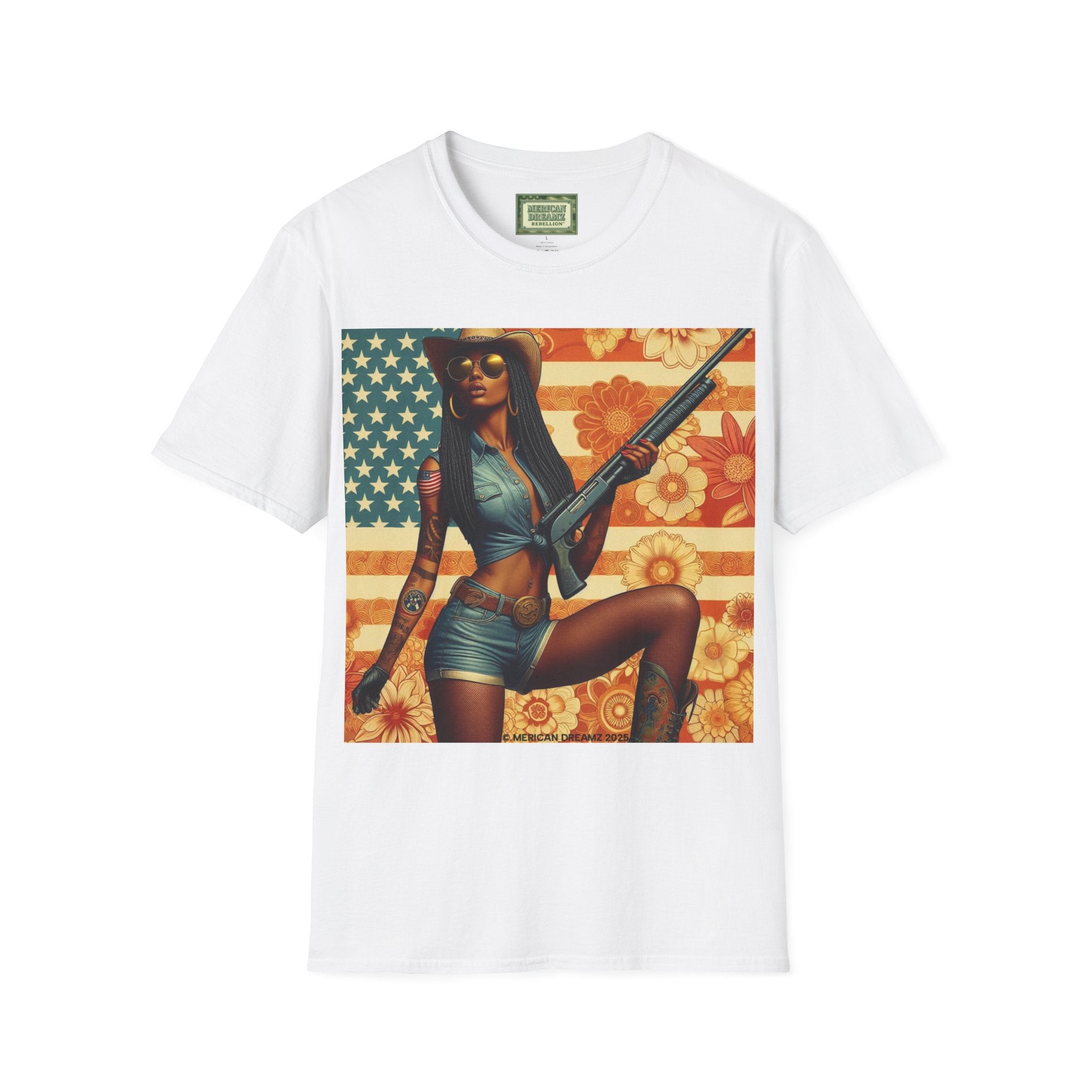 Pin-Up Americana T-Shirt — Retro Floral Gun Cowgirl Vintage Style (US Only)