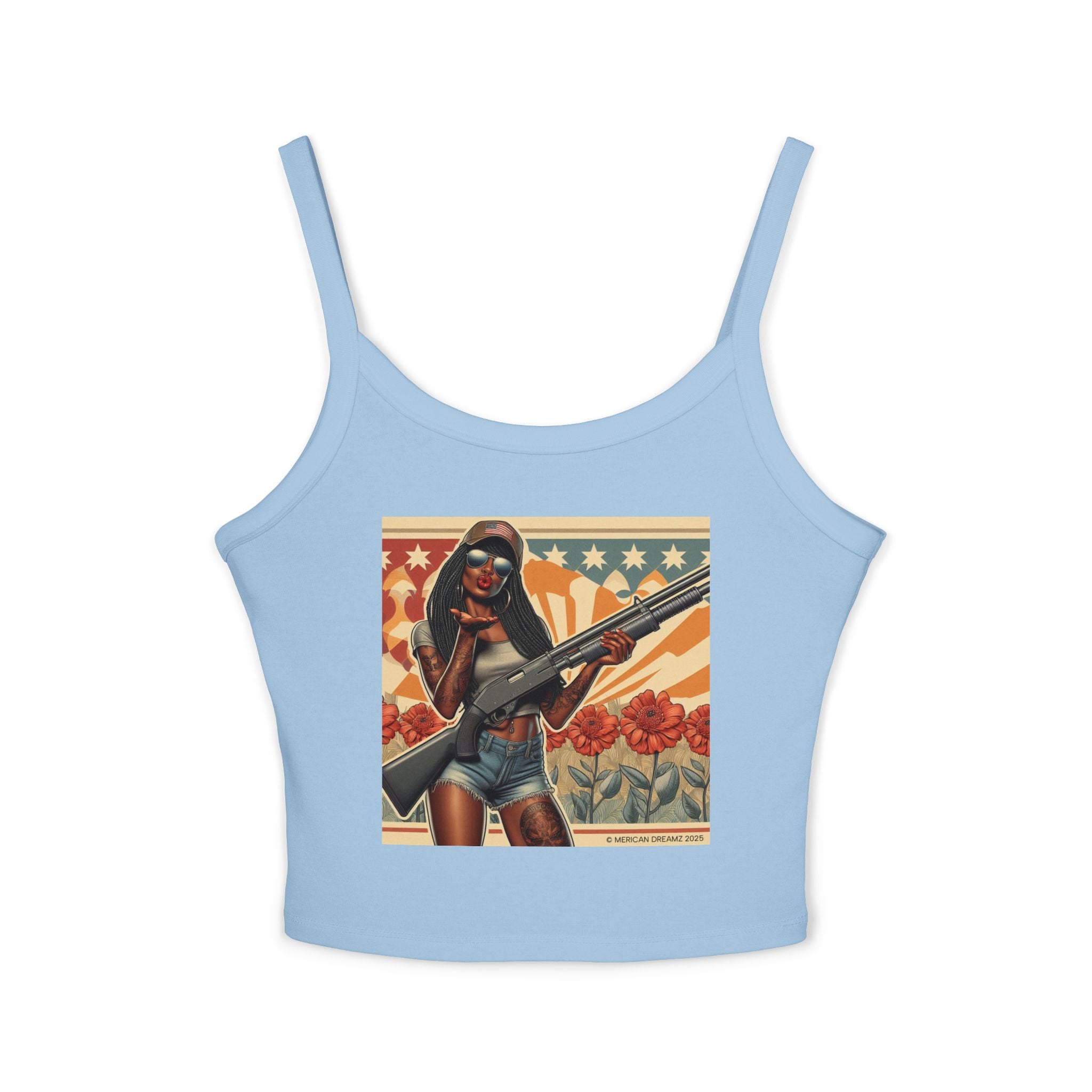 Retro Pinup Girl Tank Top — Vintage Flag & Floral Spaghetti Strap