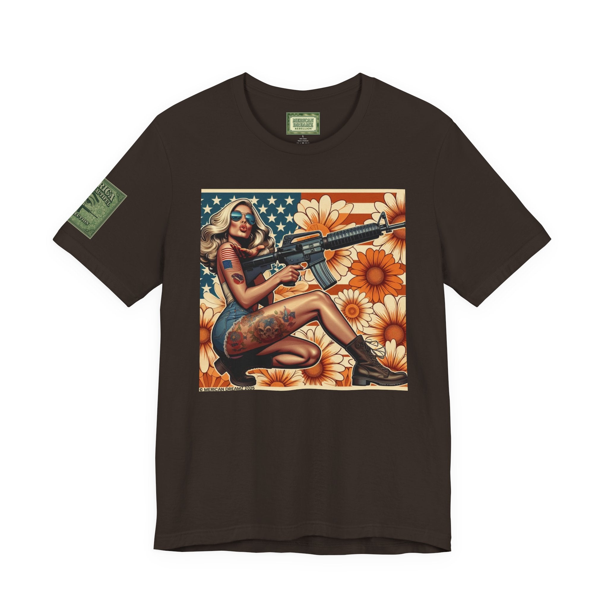 Graphic Short Sleeve Tee front and back — Retro Americana Pin-Up Girls with AR-15 Rifles