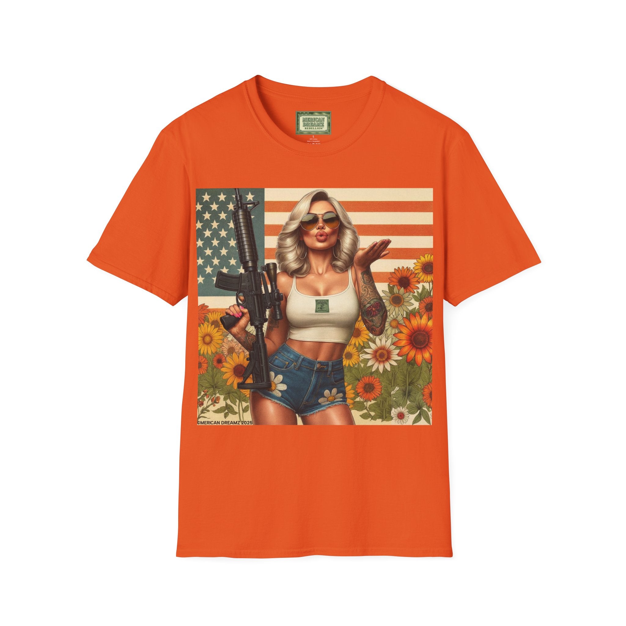 Pin-Up Americana T-Shirt — Retro Floral Gun Cowgirl Vintage Style (US Only)