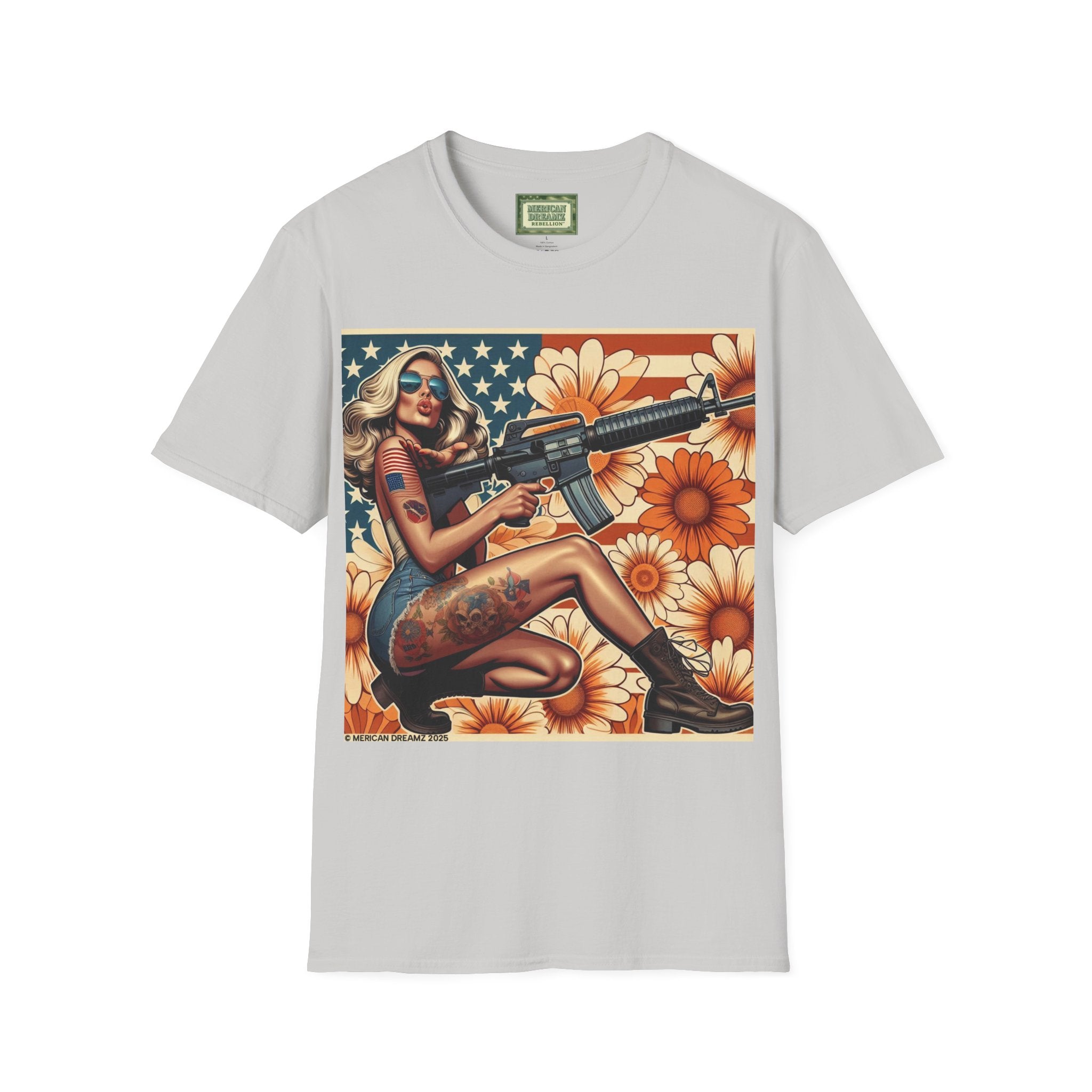Graphic T-Shirt — Patriotic Pinup Girl with Rifle Vintage Flag Design (US Only)
