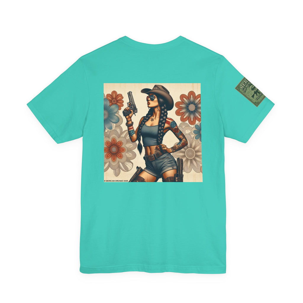 Graphic Short Sleeve Tee front and back — Retro Americana Pin-Up Cowgirls with 9mm Pistols