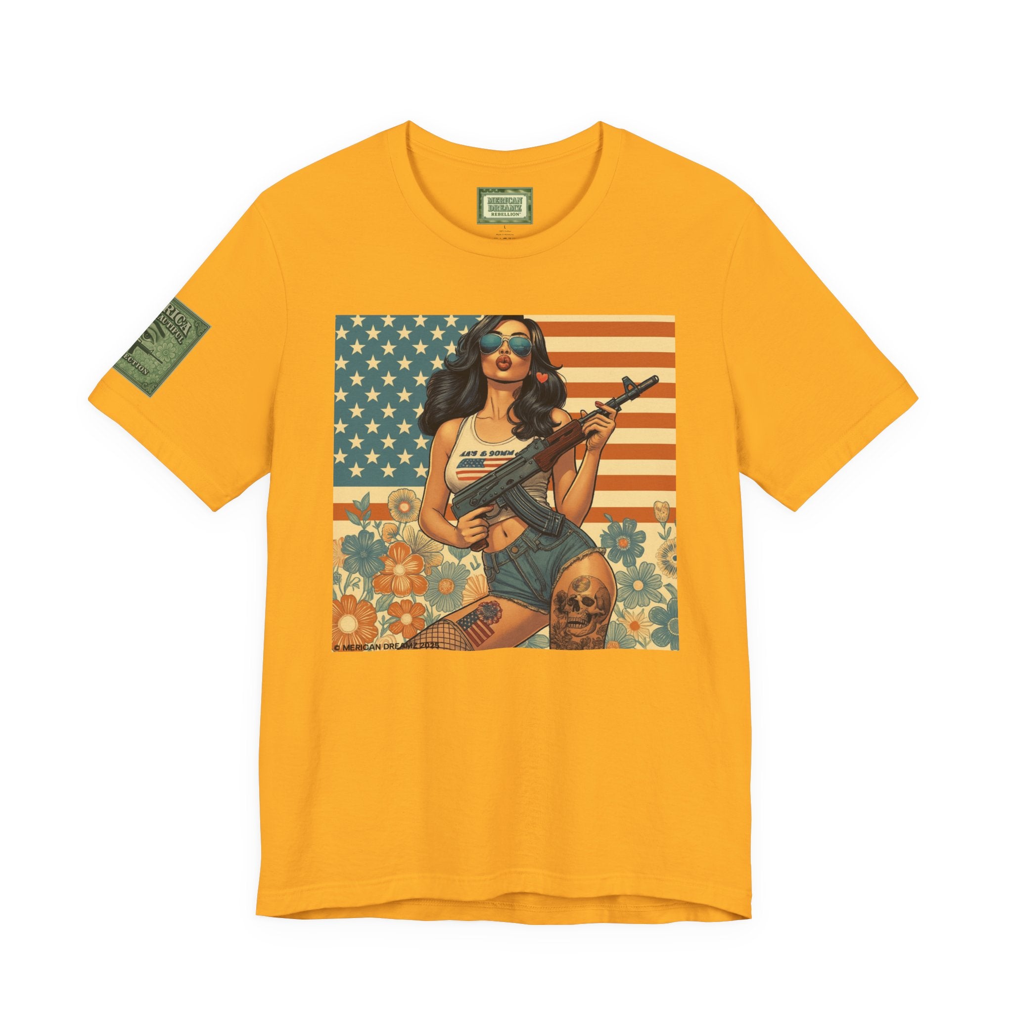 Graphic Short Sleeve Tee front and back — Retro Americana Pin-Up Girls with AK-47 Rifles