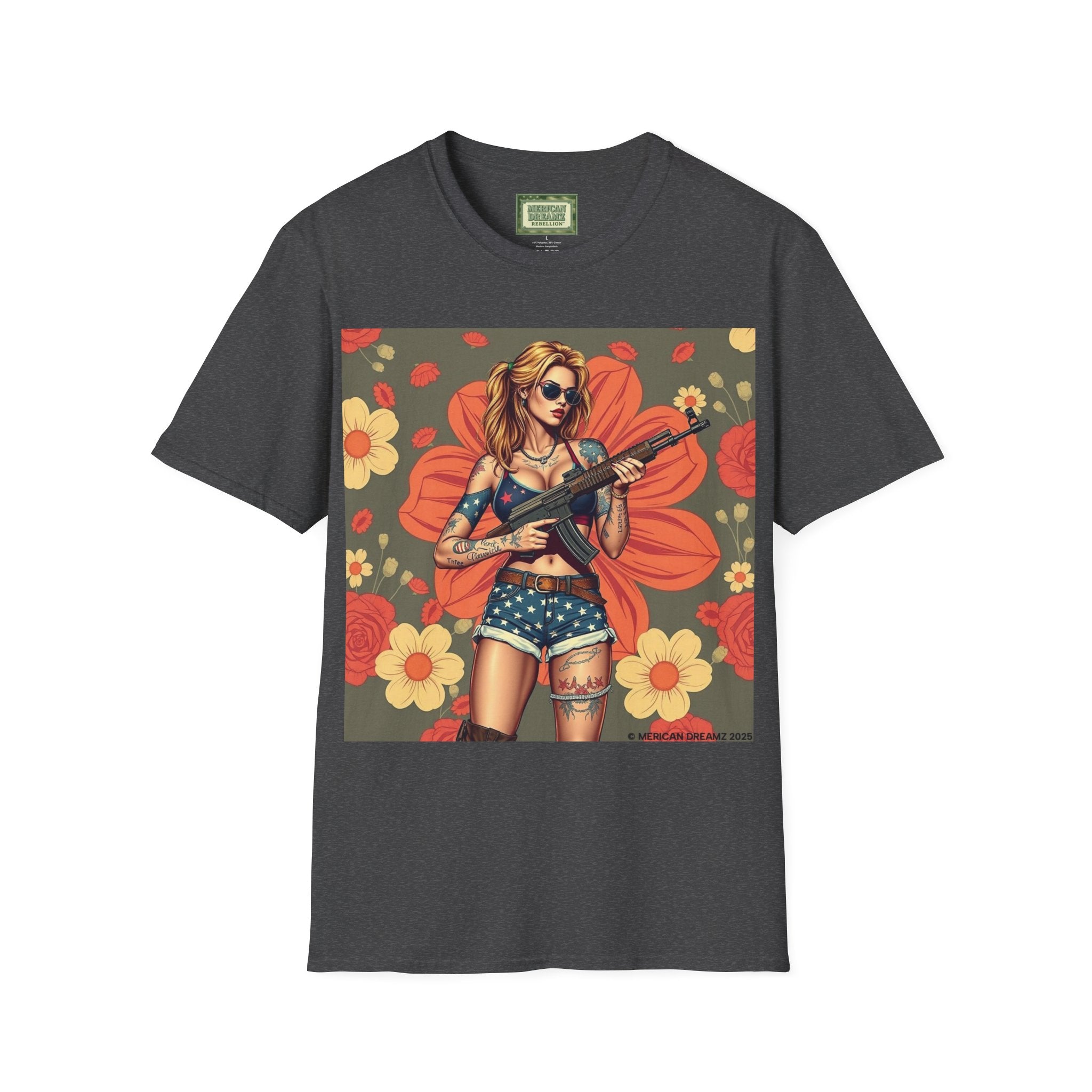 Graphic T-Shirt — Patriotic Pinup Girl with Rifle Vintage Flag Design (US Only)