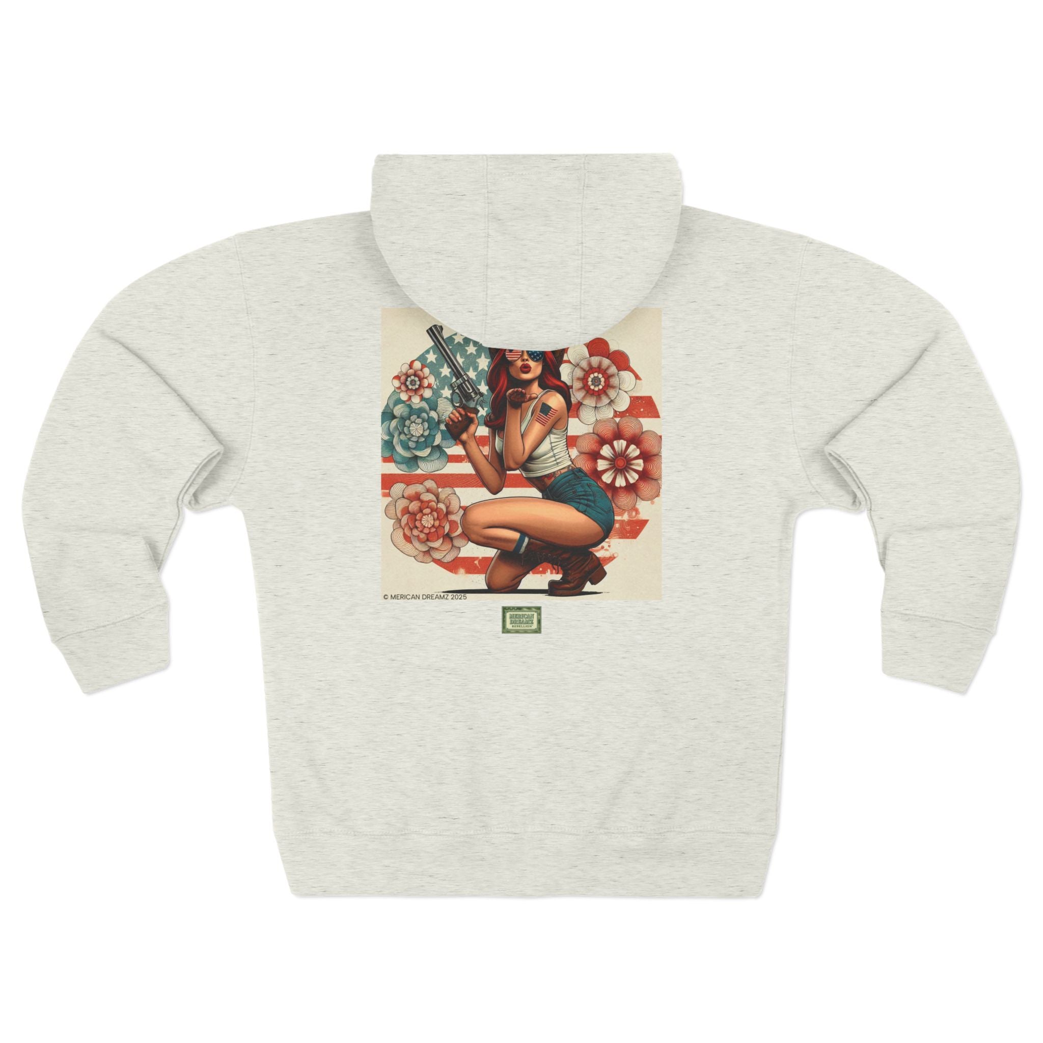 Americana Pinup Cowgirl with 44 Magnum Zip Hoodie — Retro Vintage Patriotic Graphic