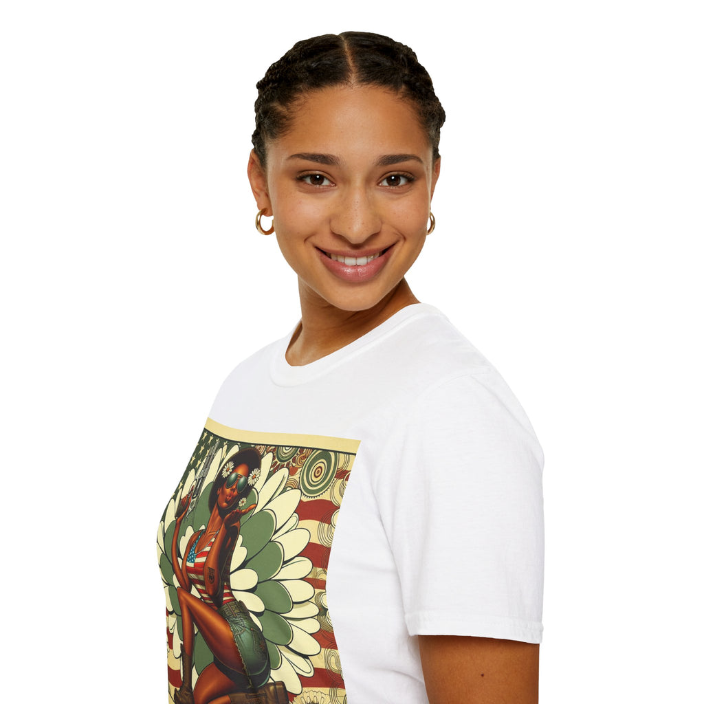 Graphic T-Shirt — Patriotic Pinup Girl with Pistol Vintage Flag Design (US Only)