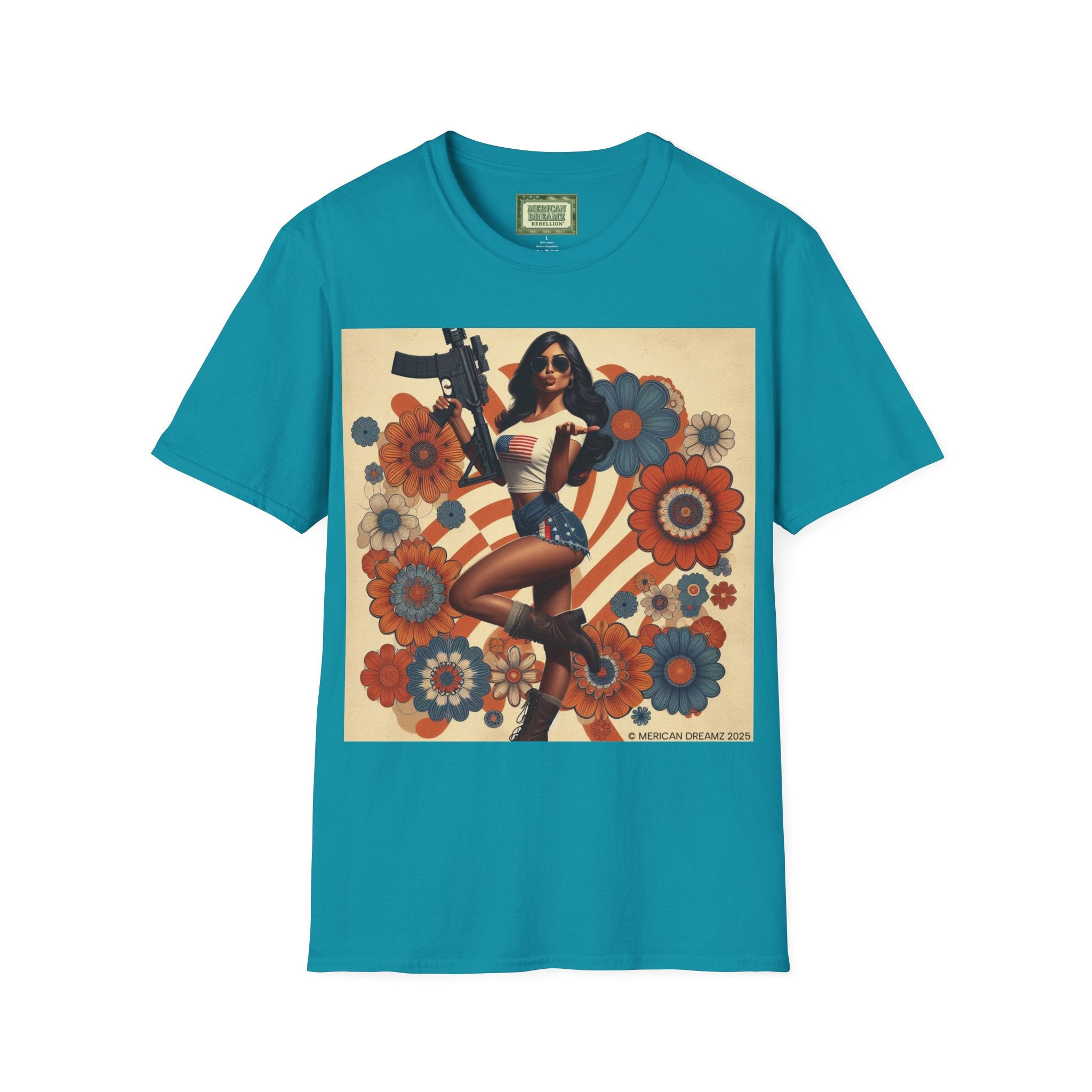 Graphic T-Shirt — Patriotic Pinup Girl with Rifle Vintage Flag Design (US Only)