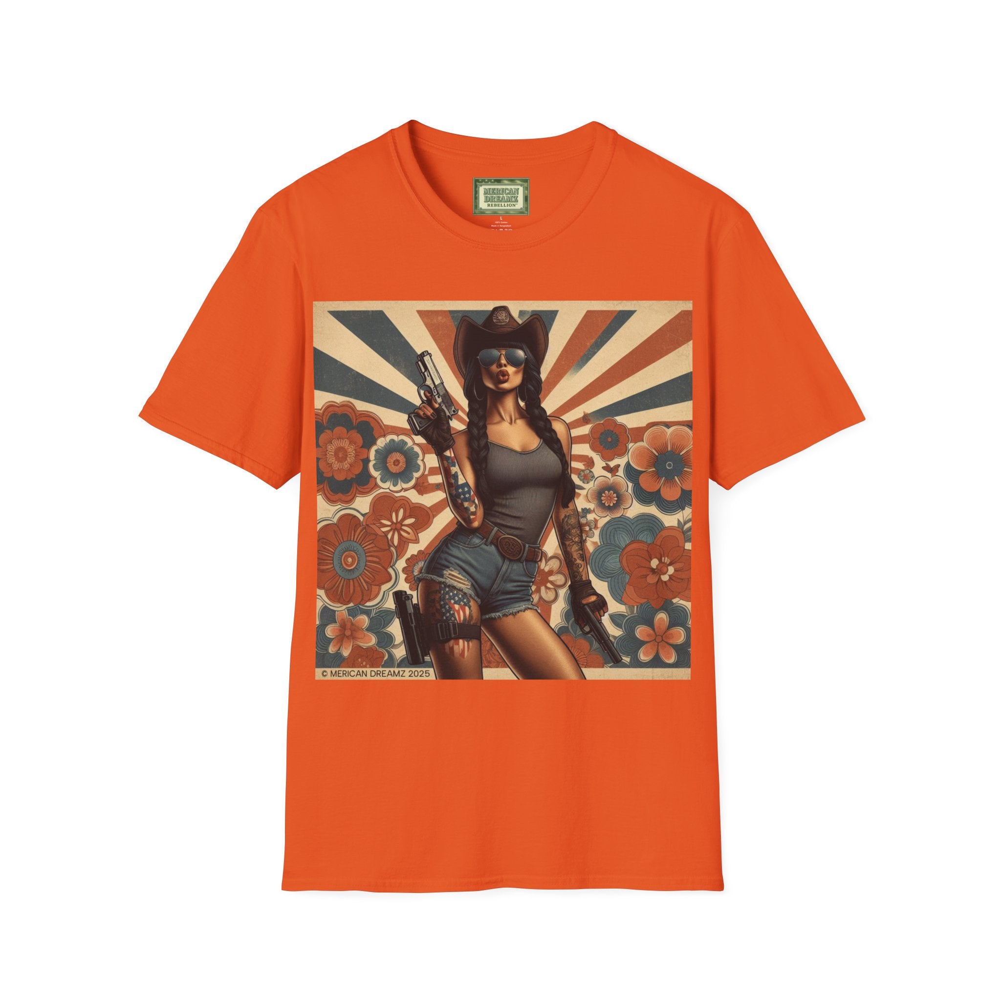 Pin-Up Americana T-Shirt — Retro Floral Gun Cowgirl Vintage Style (US Only)