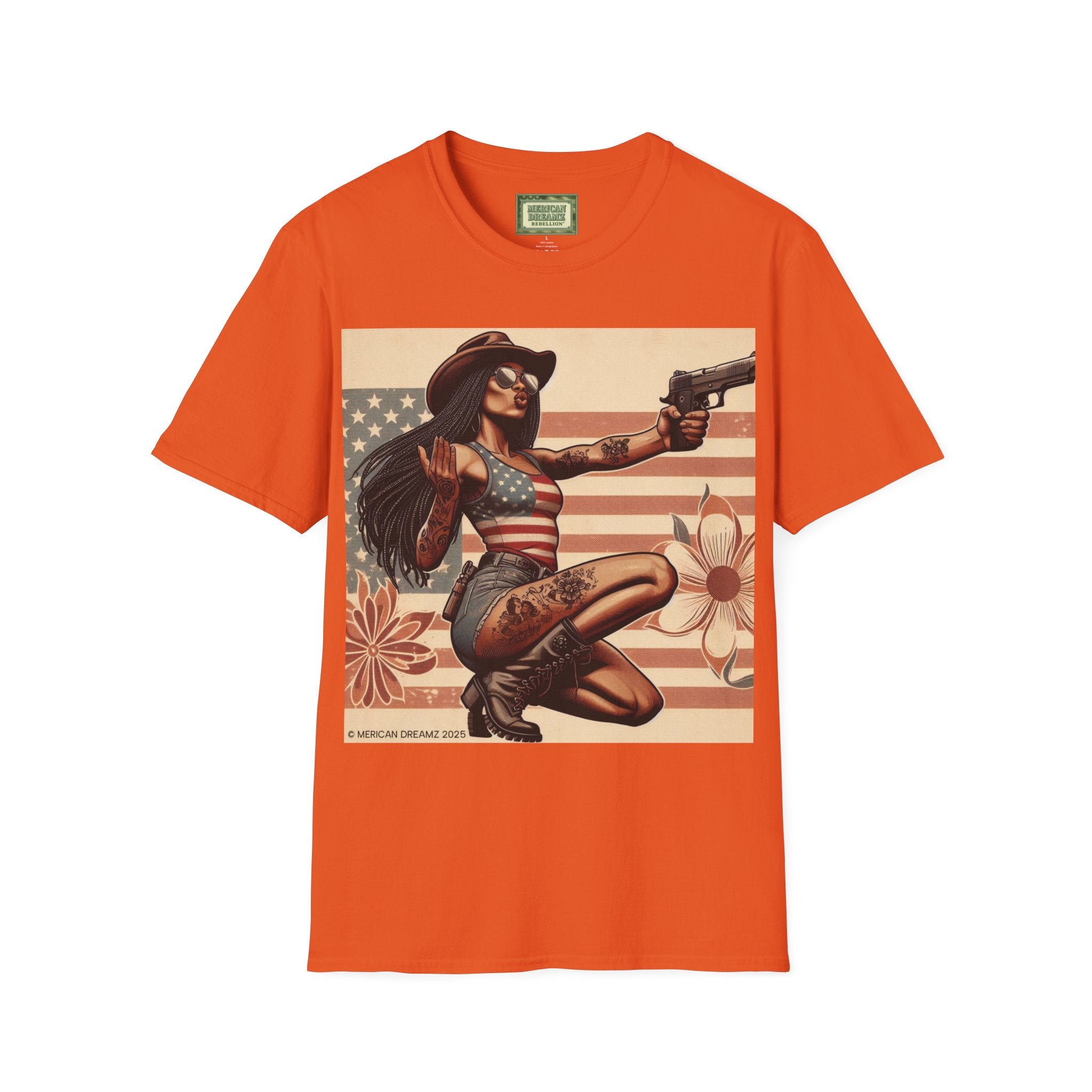 Pin-Up Americana T-Shirt — Retro Floral Gun Cowgirl Vintage Style (US Only)
