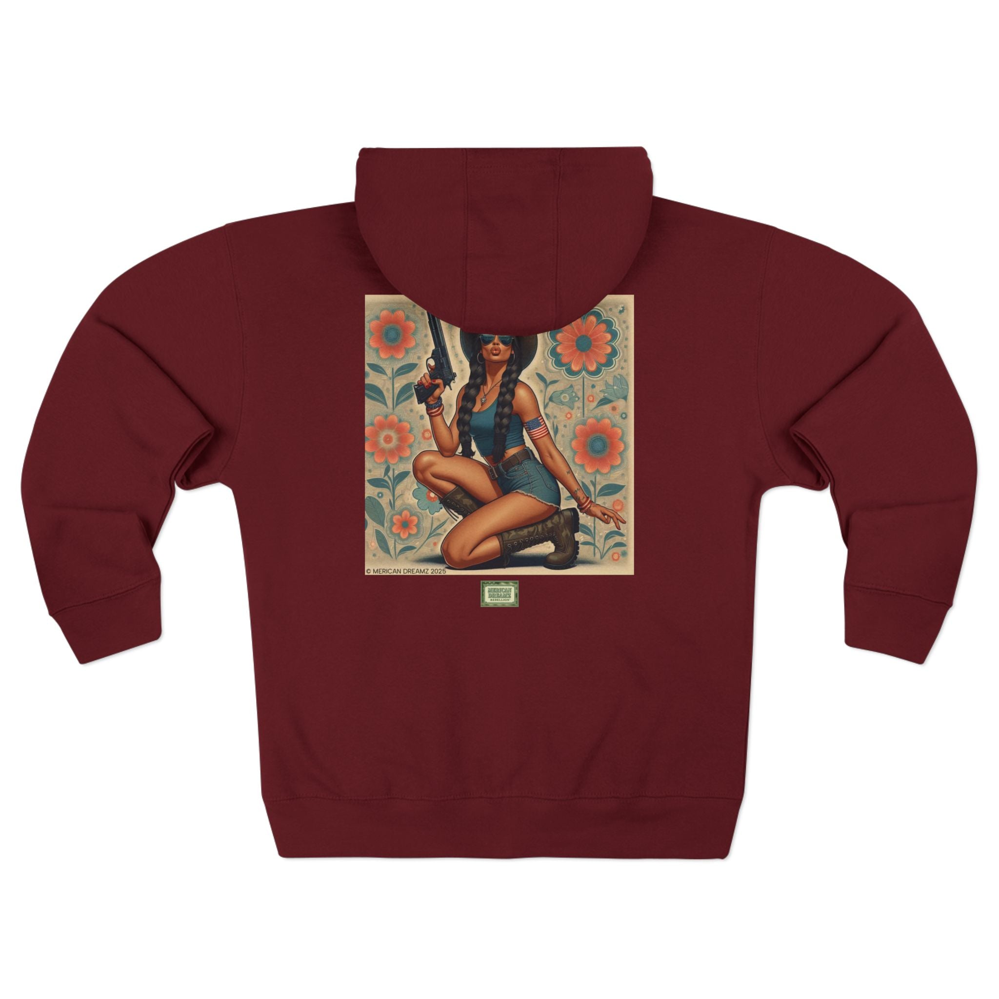 Americana Pinup Cowgirl with 9mm Zip Hoodie — Retro Vintage Patriotic Graphic
