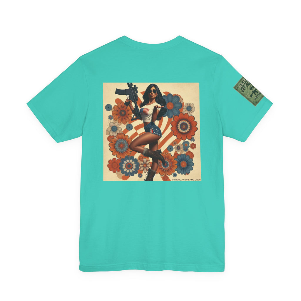 Graphic Short Sleeve Tee front and back — Retro Americana Pin-Up Girls with AR-15 Rifles