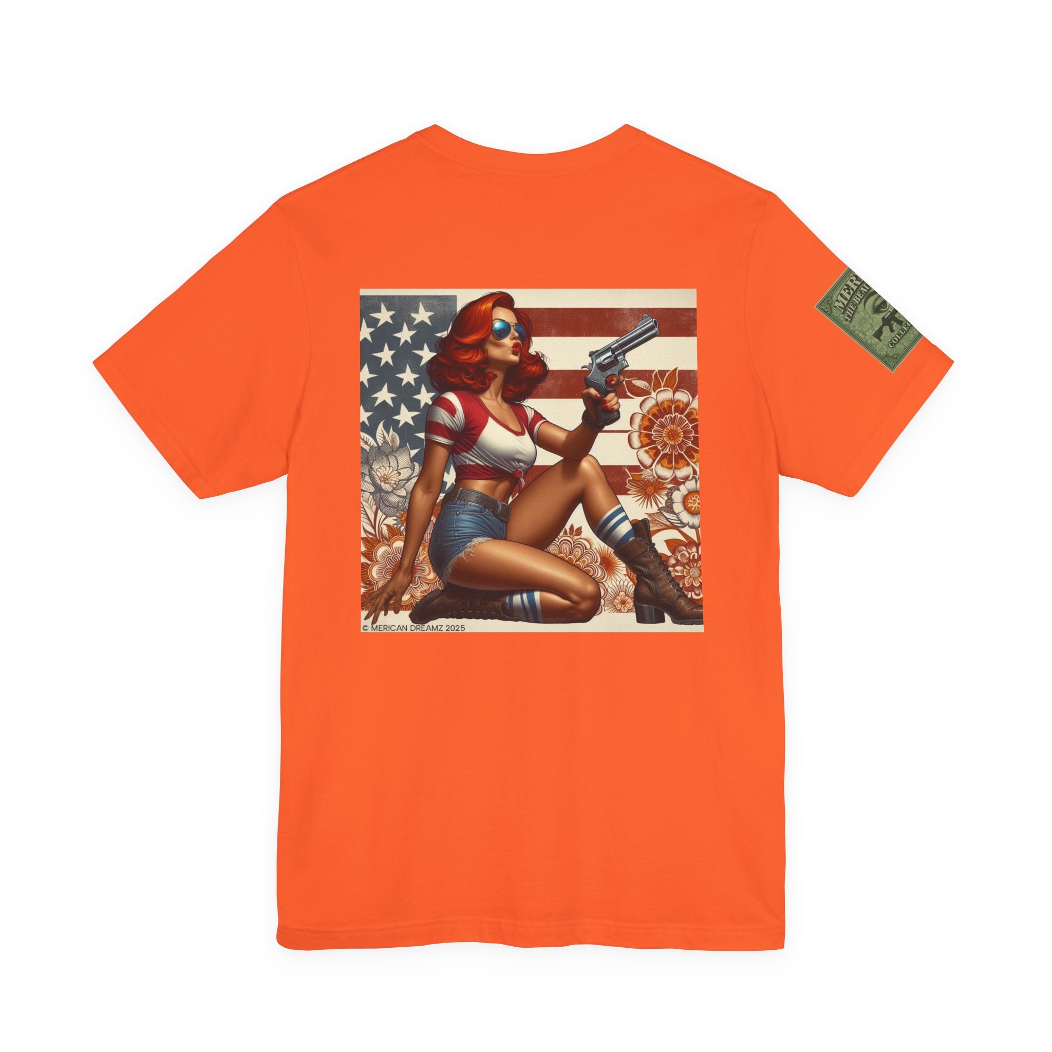 Graphic Short Sleeve Tee front and back — Retro Americana Pin-Up Cowgirls with .44 Magnum Revolvers