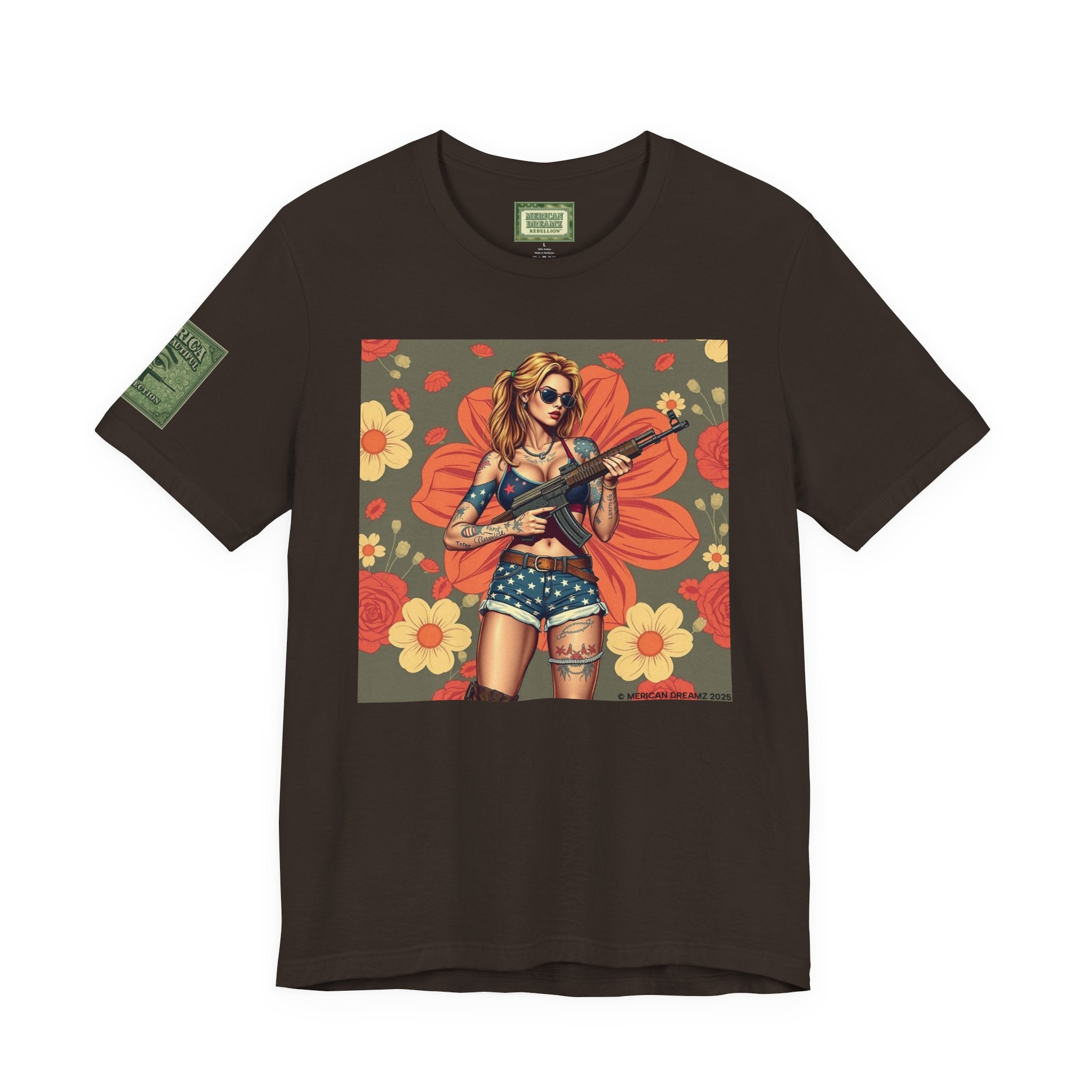 Graphic Short Sleeve Tee front and back — Retro Americana Pin-Up Girls with AK-47 Rifles