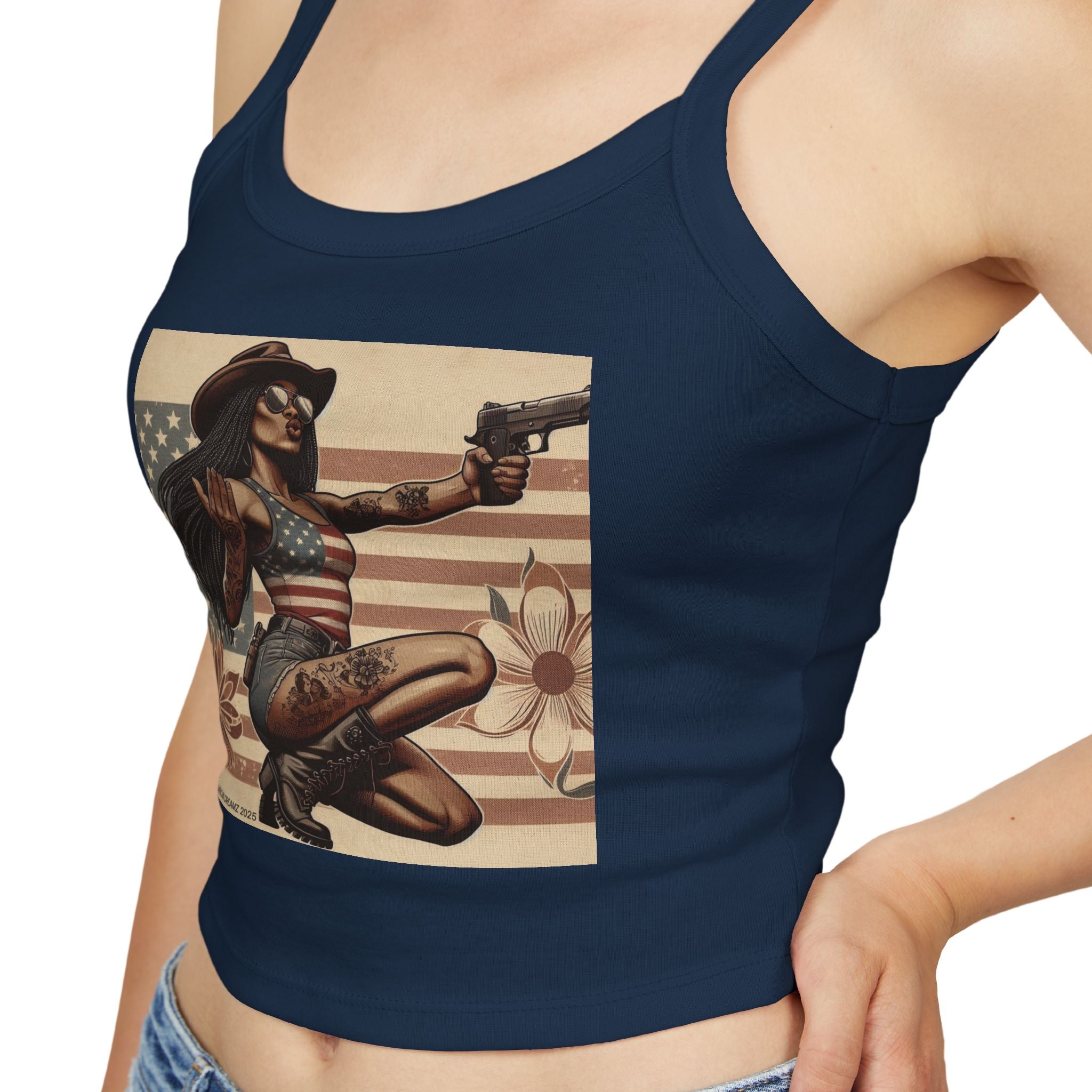 Retro Pinup Girl Tank Top — Vintage Flag & Floral Spaghetti Strap