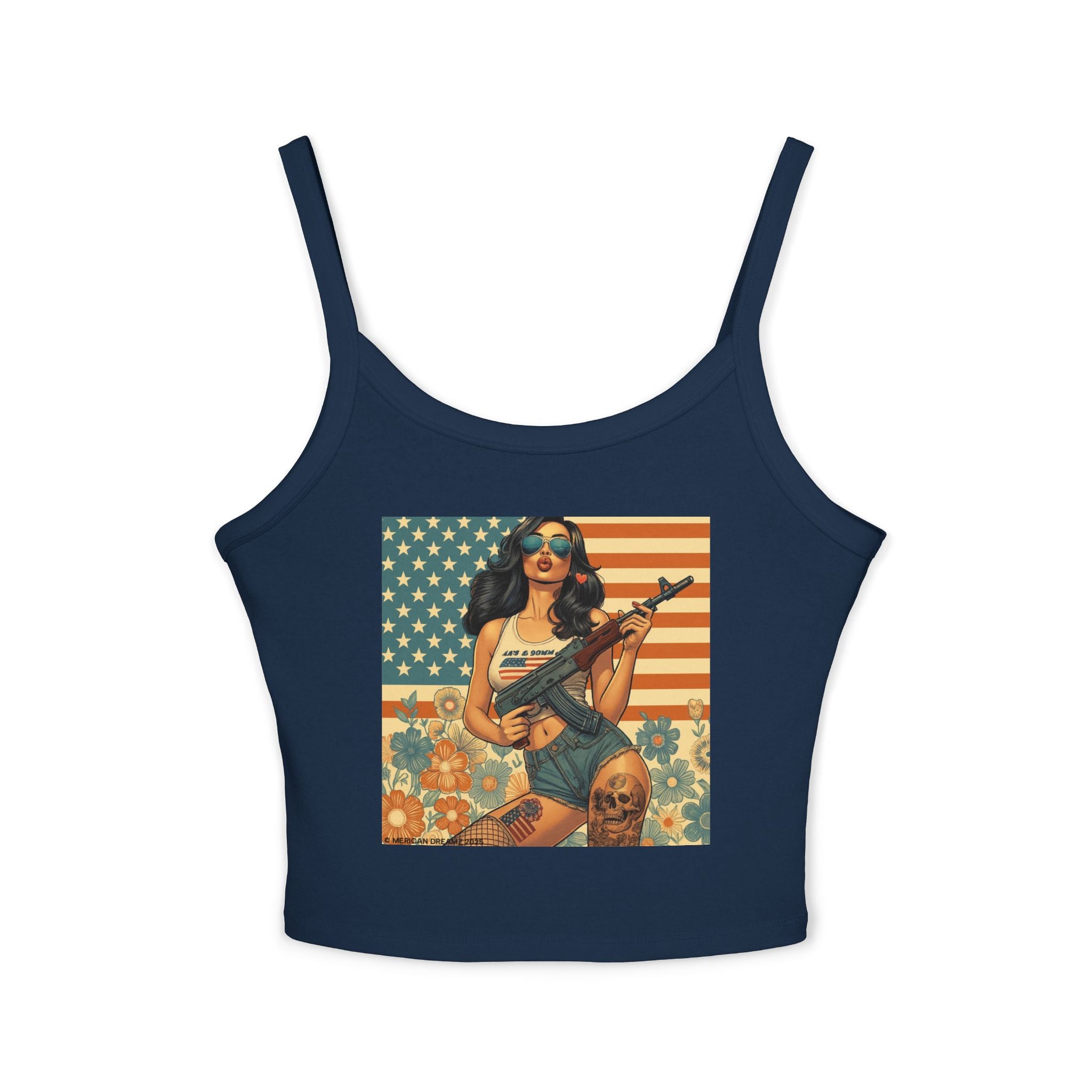 Retro Pinup Girl Tank Top — Vintage Flag & Floral Spaghetti Strap