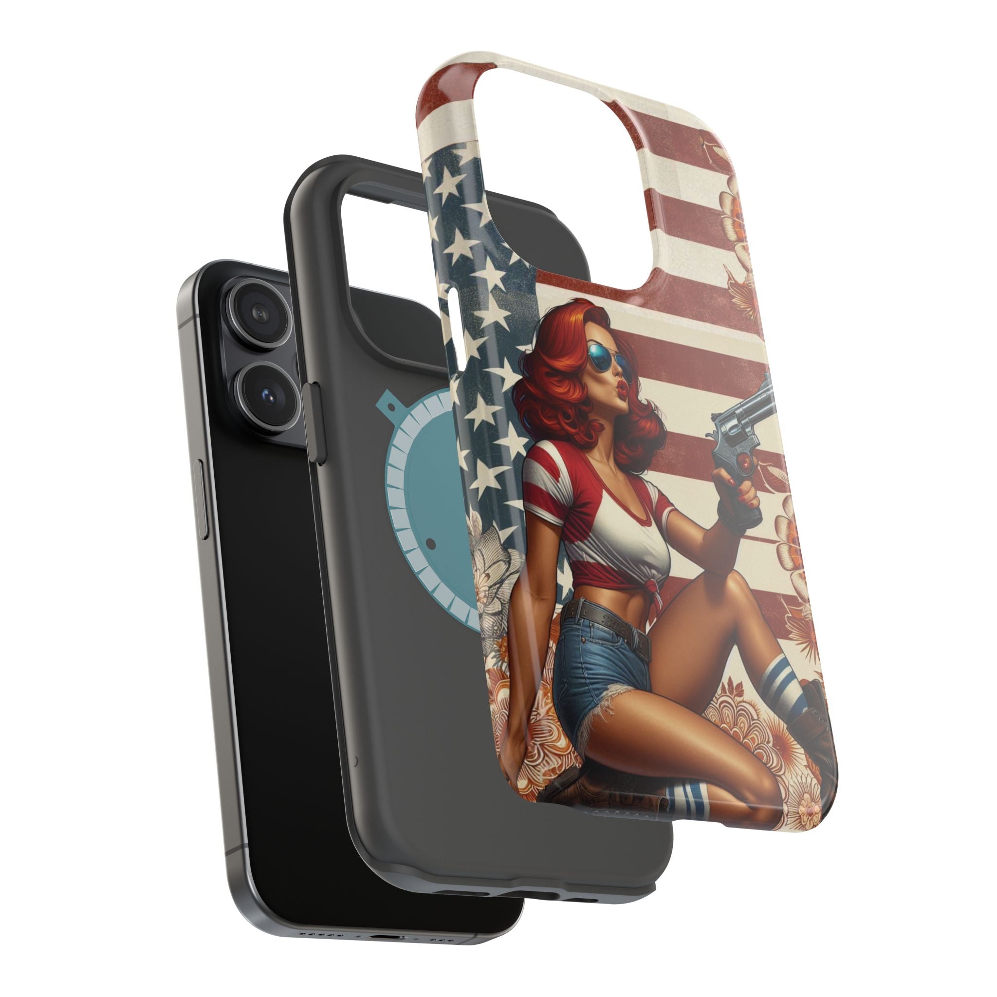 Americana .44 Magnum Pinup Girl - Magnetic Impact‑Resistant Phone Case  iPhone 13-17 / Samsung S26  MagSafe Compatible