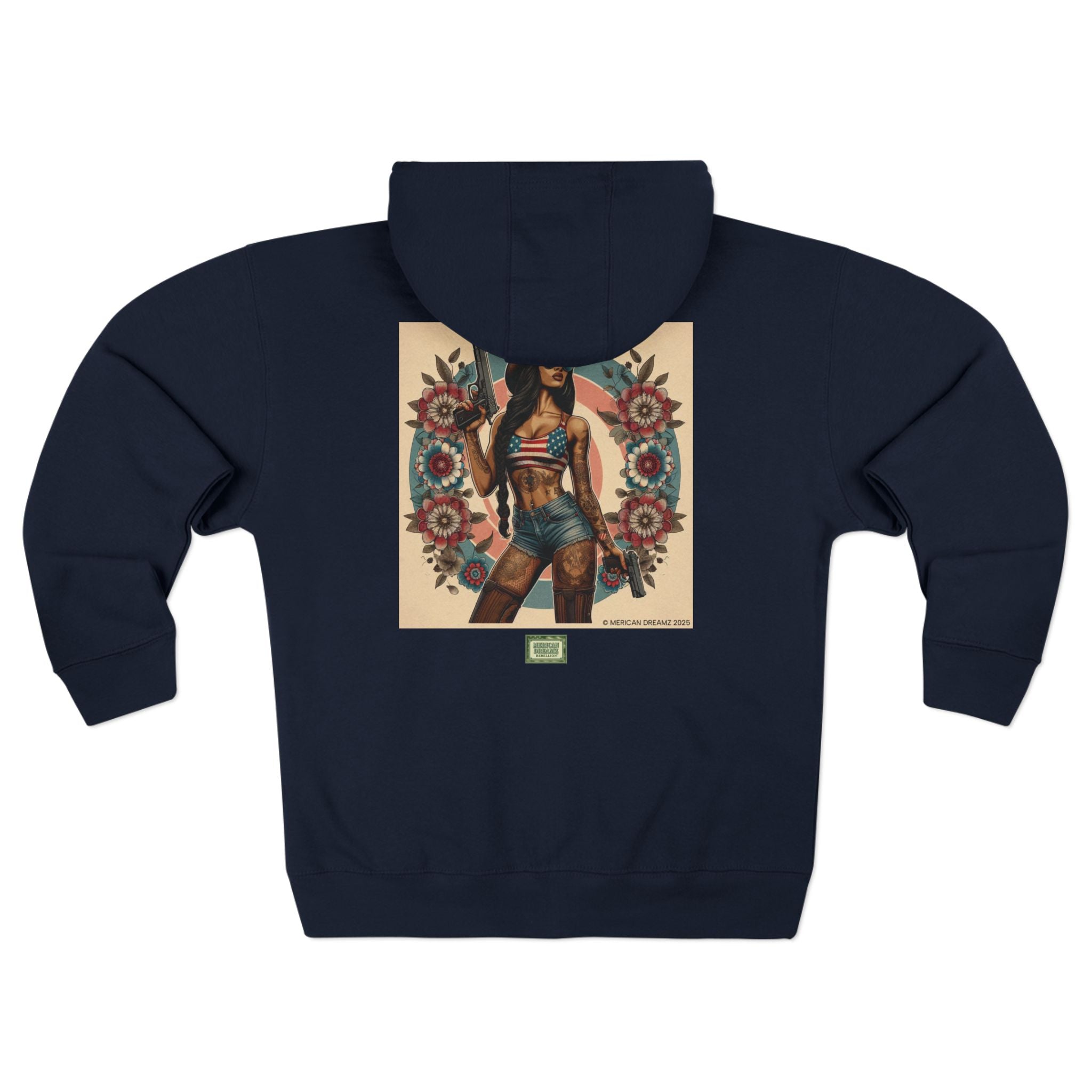 Americana Pinup Cowgirl with 9mm Zip Hoodie — Retro Vintage Patriotic Graphic