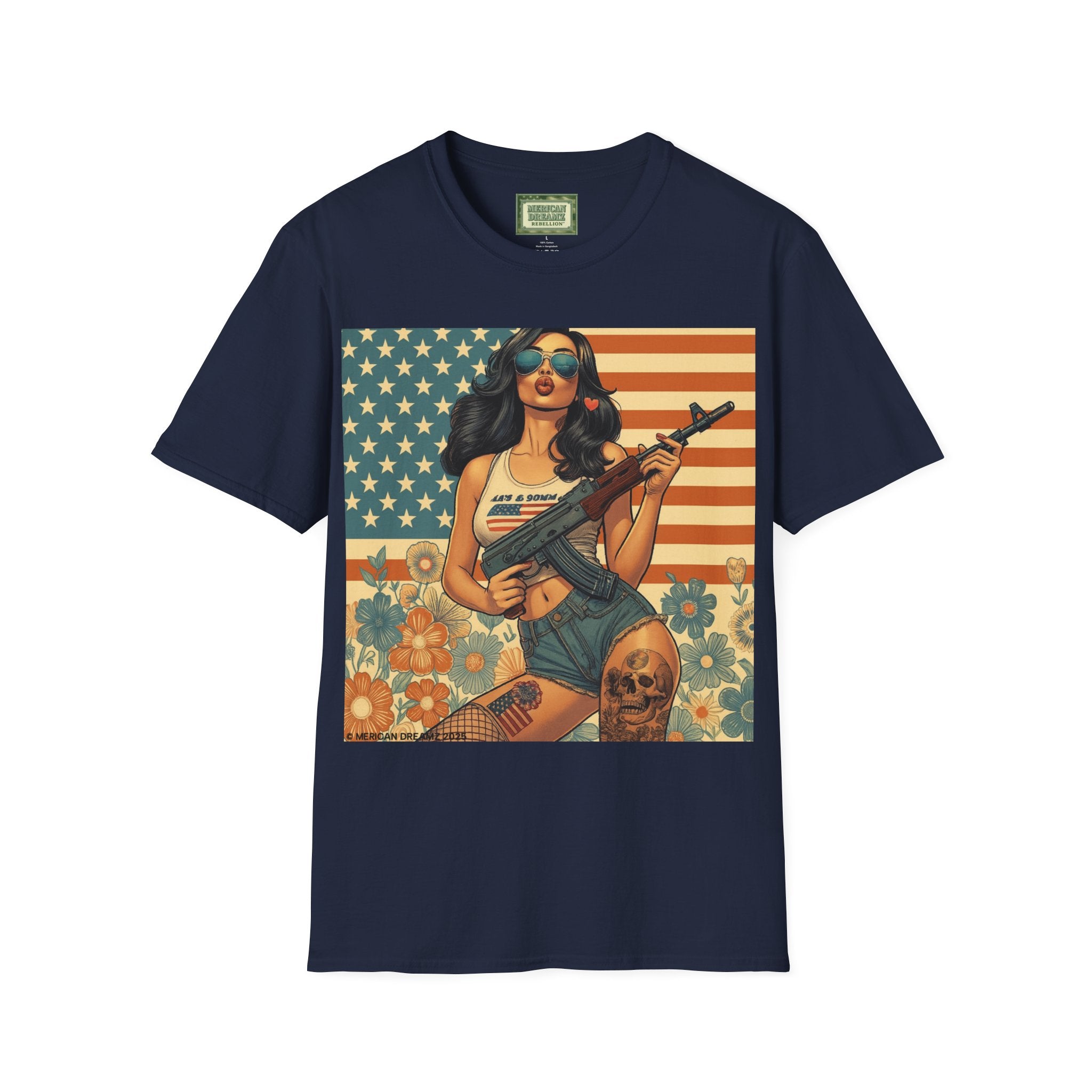 Graphic T-Shirt — Patriotic Pinup Girl with Rifle Vintage Flag Design (US Only)