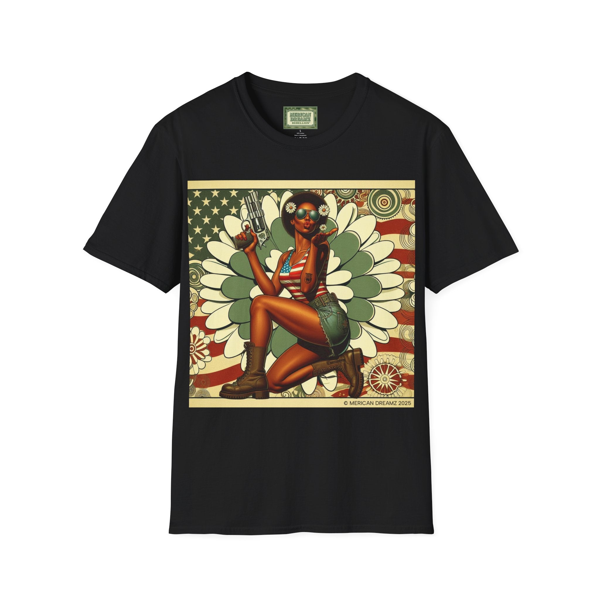 Graphic T-Shirt — Patriotic Pinup Girl with Pistol Vintage Flag Design (US Only)