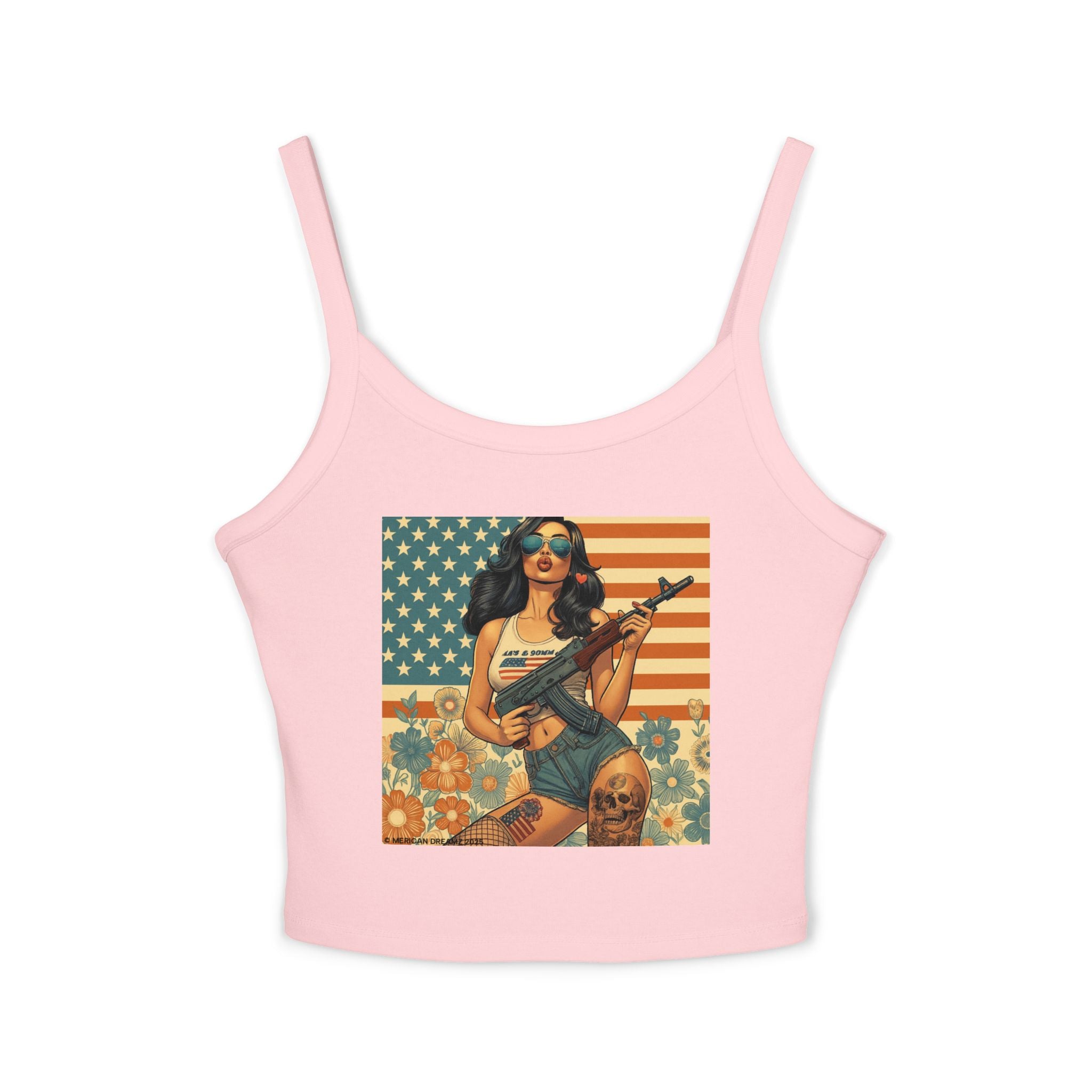 Retro Pinup Girl Tank Top — Vintage Flag & Floral Spaghetti Strap