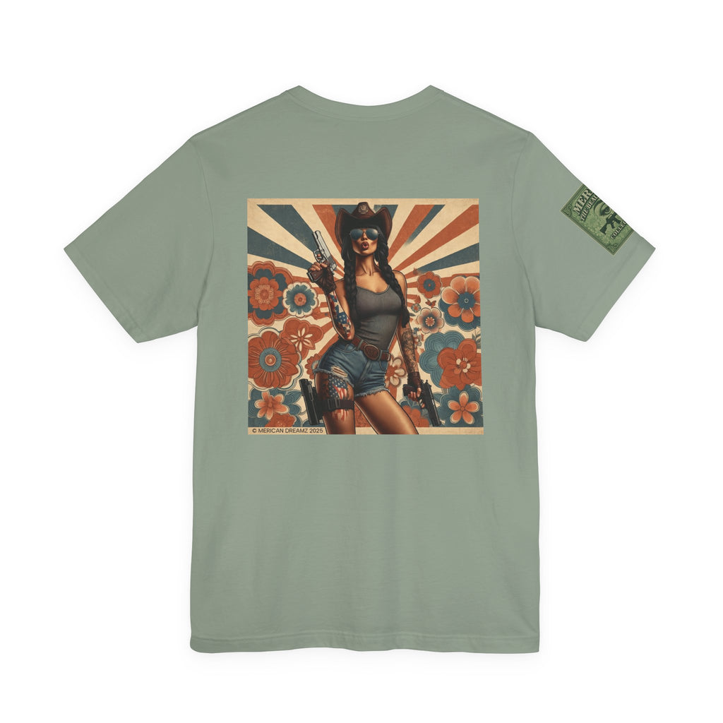 Graphic Short Sleeve Tee front and back — Retro Americana Pin-Up Cowgirls with 9mm Pistols