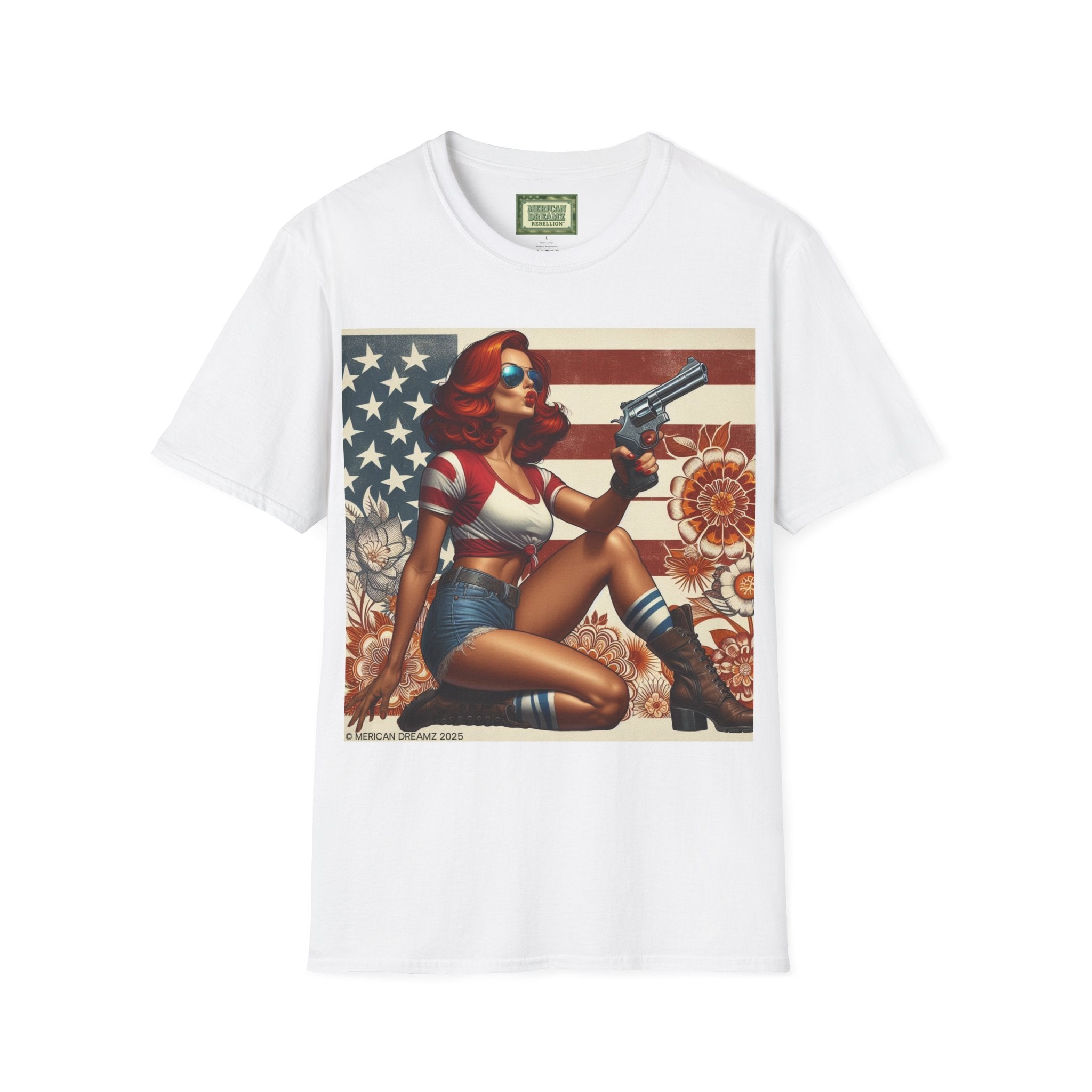 Graphic T-Shirt — Patriotic Pinup Girl with Rifle Vintage Flag Design (US Only)
