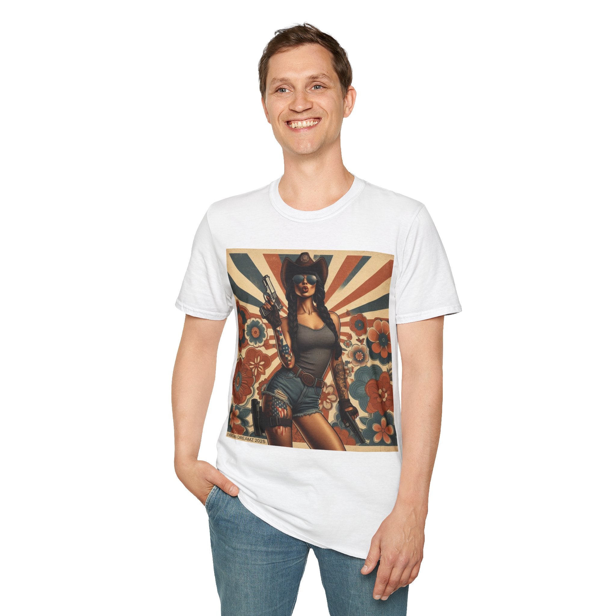 Pin-Up Americana T-Shirt — Retro Floral Gun Cowgirl Vintage Style (US Only)