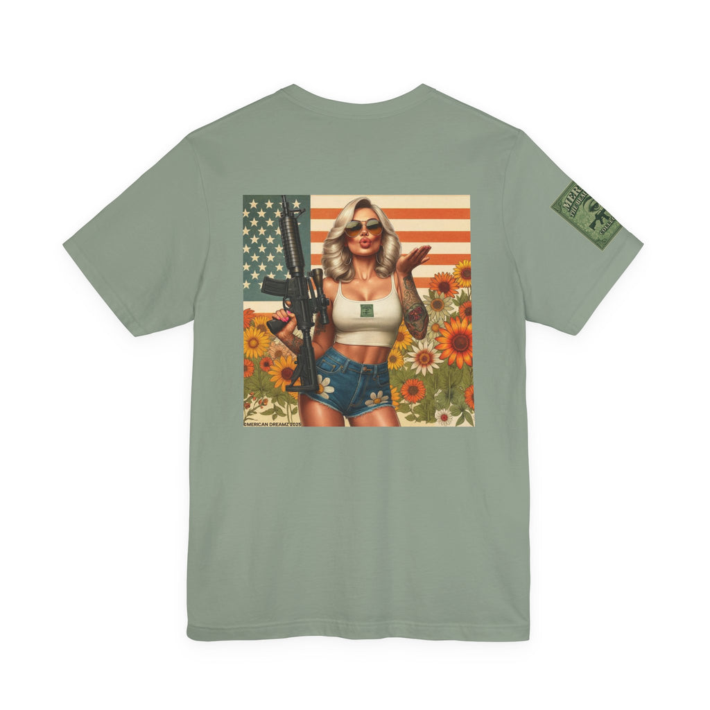 Graphic Short Sleeve Tee front and back — Retro Americana Pin-Up Girls with AR-15 Rifles