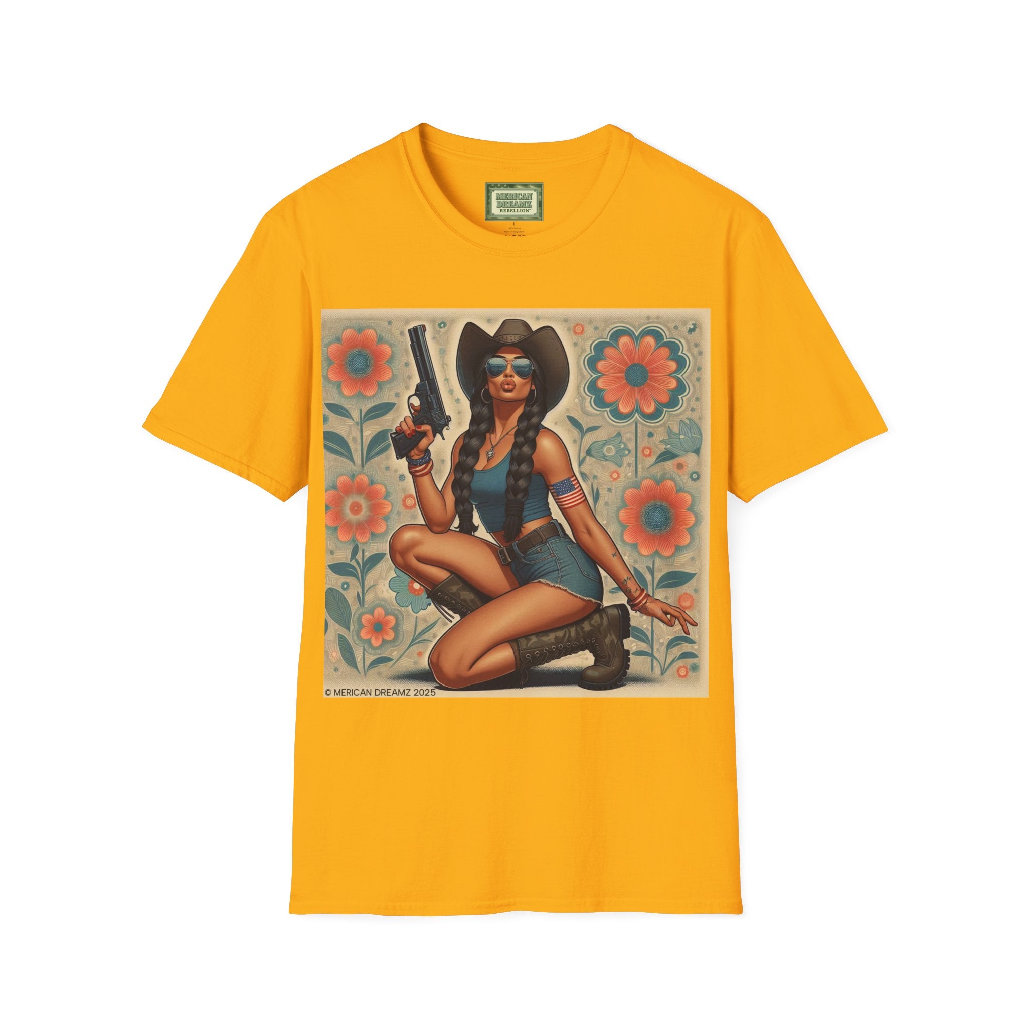 Pin-Up Americana T-Shirt — Retro Floral Gun Cowgirl Vintage Style (US Only)
