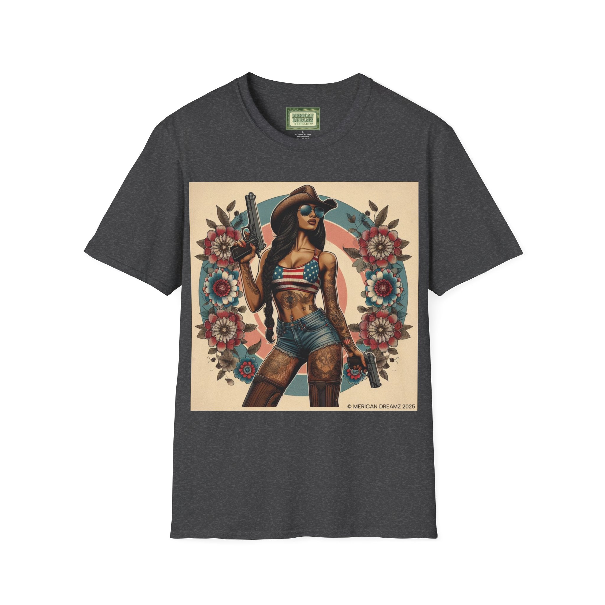 Pin-Up Americana T-Shirt — Retro Floral Gun Cowgirl Vintage Style (US Only)