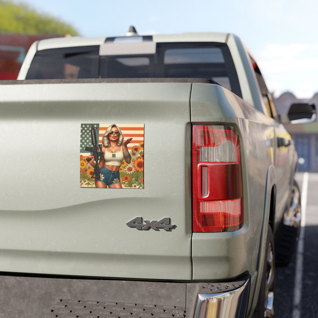 Car Magnet Patriotic Americana Cowgirl with Rifle | Square American Flag Vintage Floral