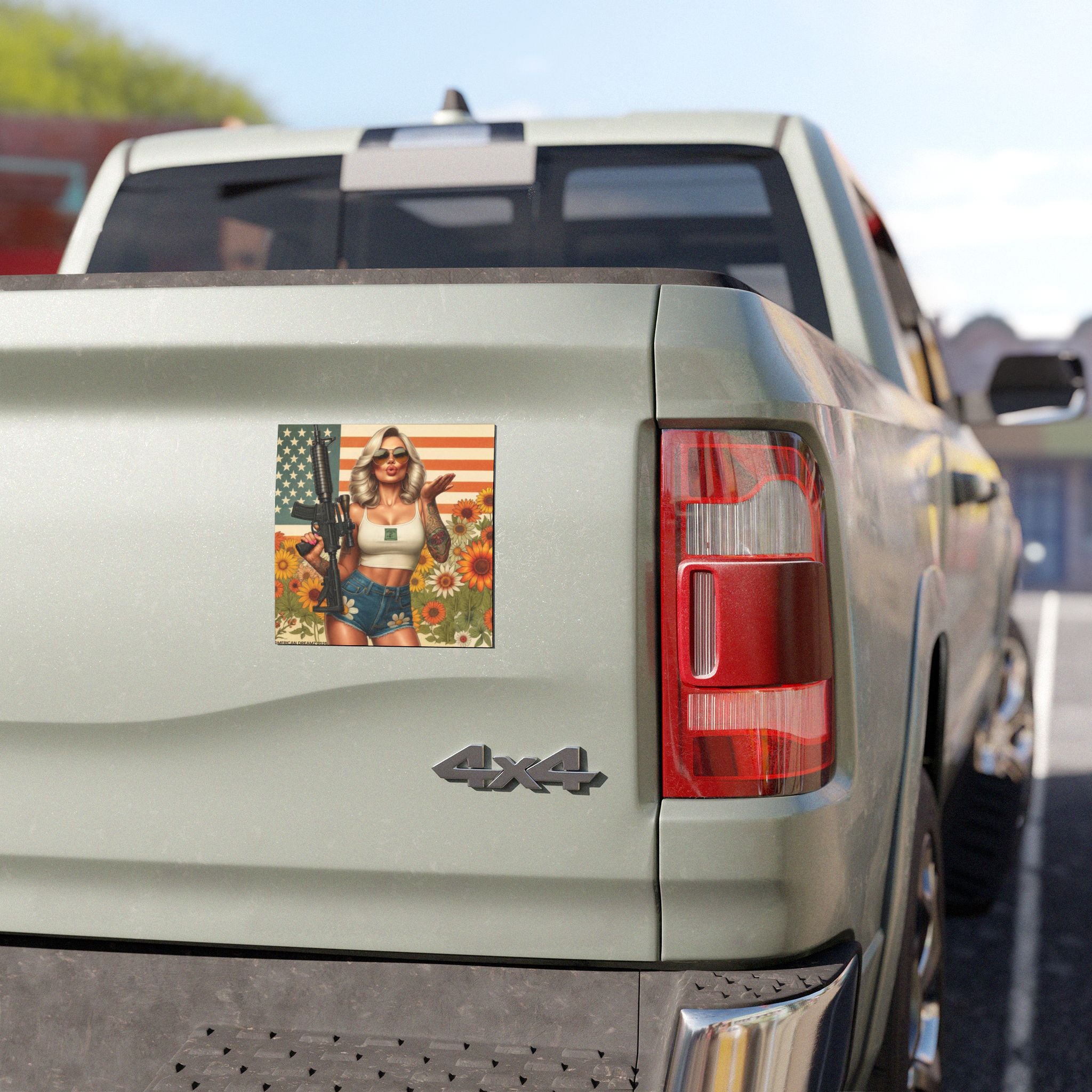 Car Magnet Patriotic Americana Cowgirl with Rifle | Square American Flag Vintage Floral