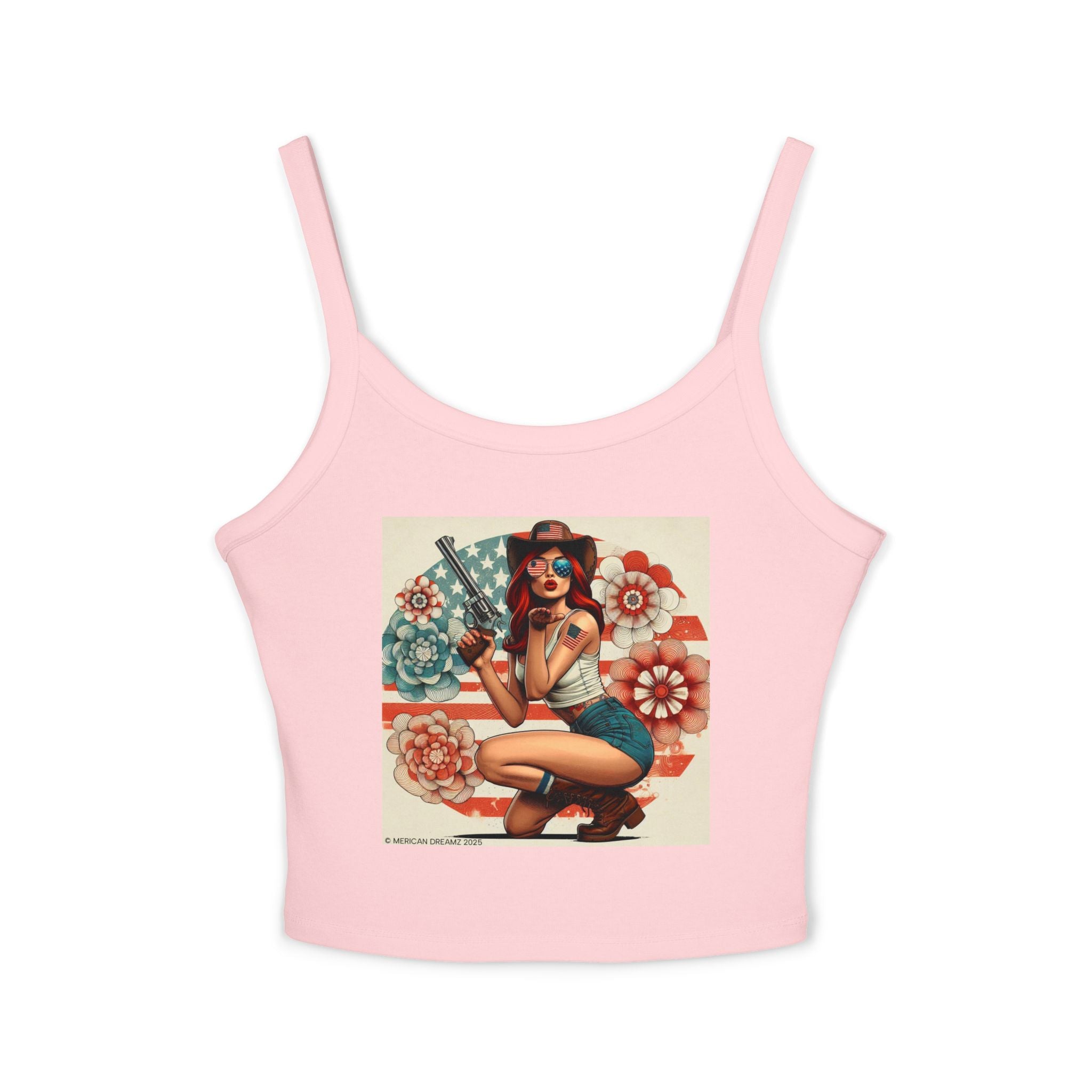 Retro Pinup Girl Tank Top — Vintage Flag & Floral Spaghetti Strap