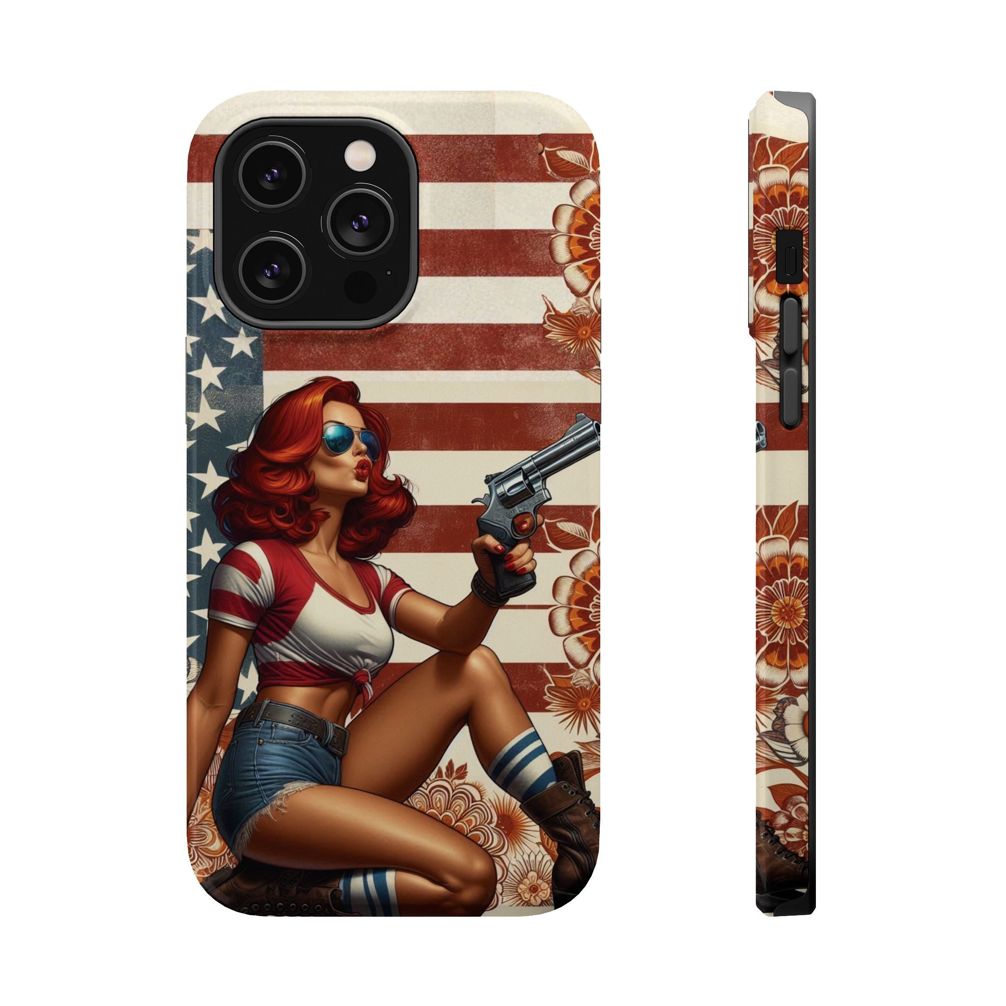 Americana .44 Magnum Pinup Girl - Magnetic Impact‑Resistant Phone Case  iPhone 13-17 / Samsung S26  MagSafe Compatible