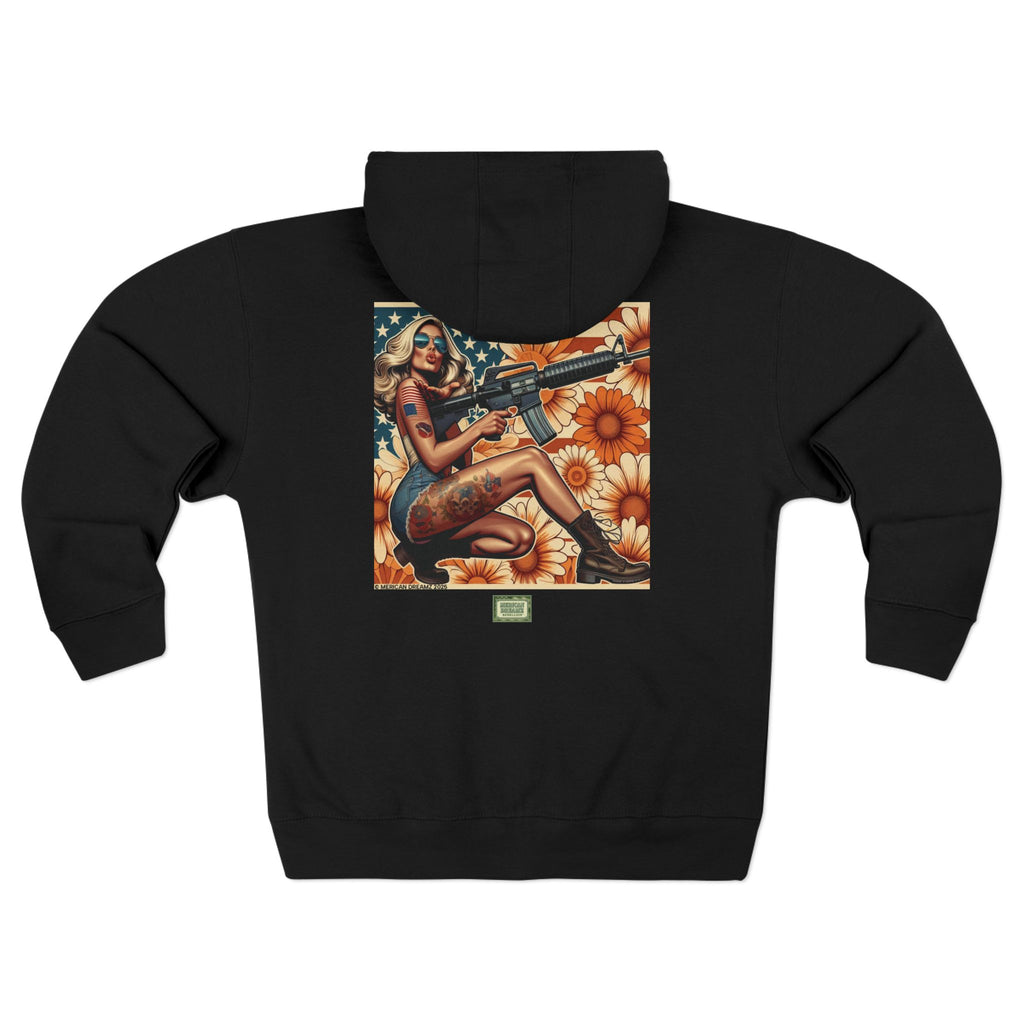 Americana Pinup Cowgirl with AR-15 Zip Hoodie — Retro Vintage Patriotic Graphic