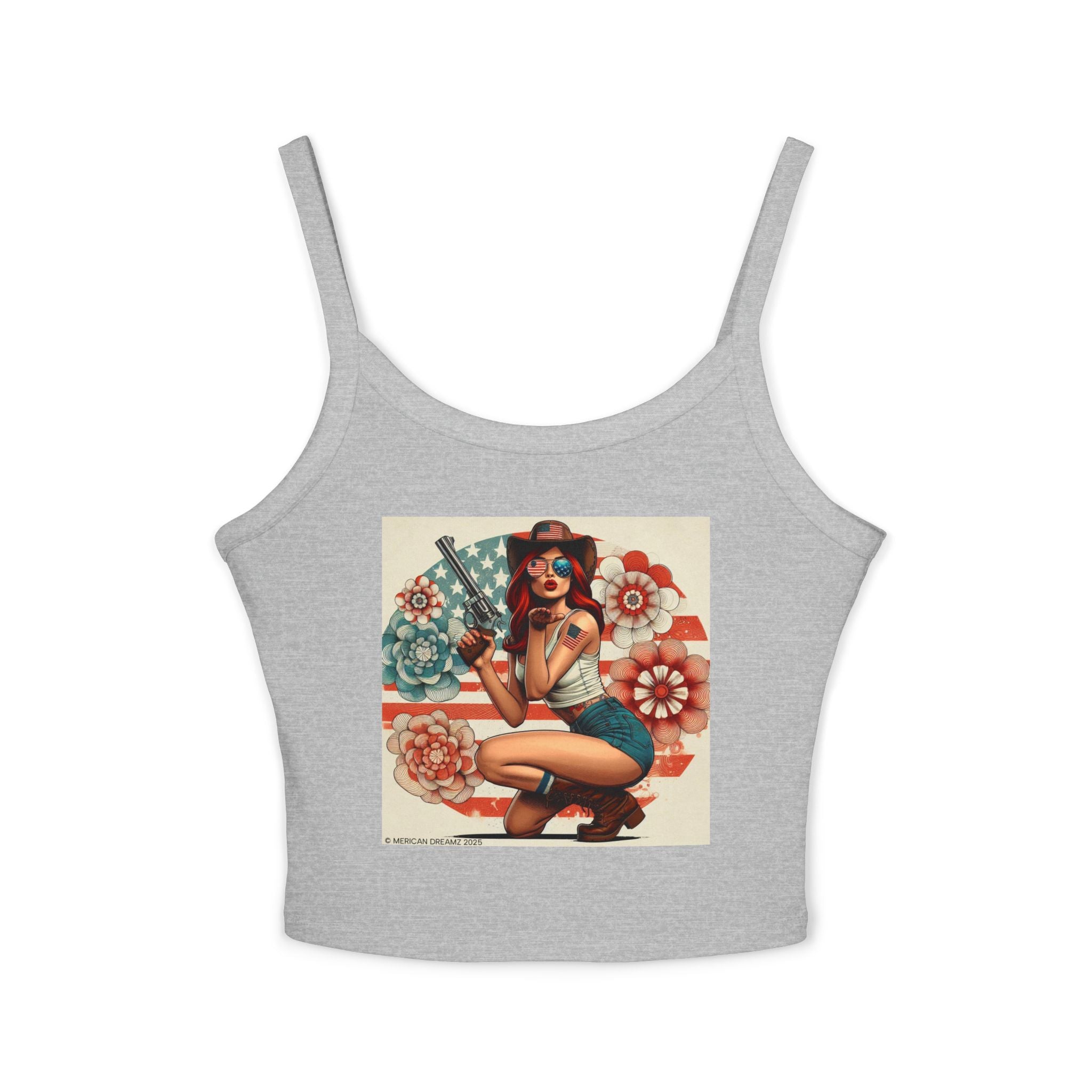 Retro Pinup Girl Tank Top — Vintage Flag & Floral Spaghetti Strap