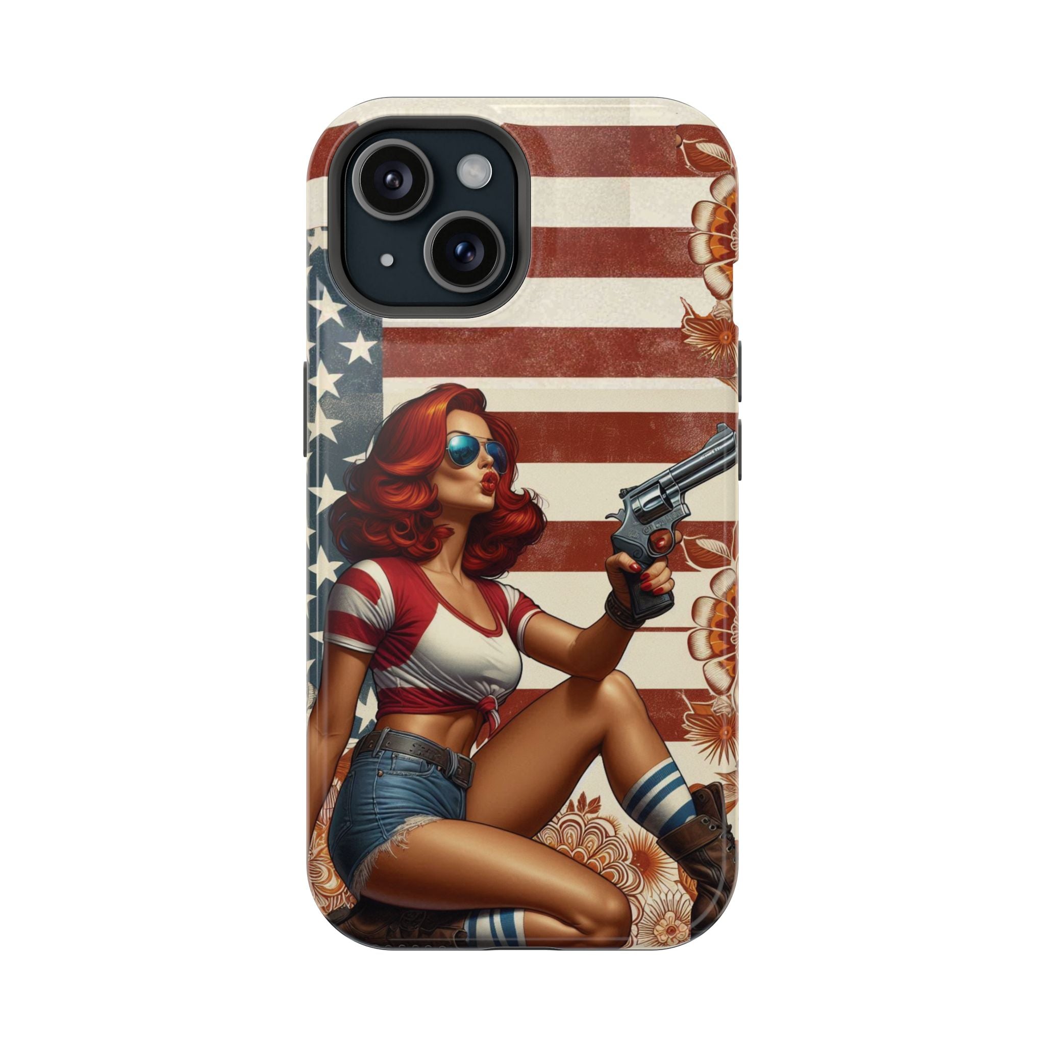 Americana .44 Magnum Pinup Girl - Magnetic Impact‑Resistant Phone Case  iPhone 13-17 / Samsung S26  MagSafe Compatible