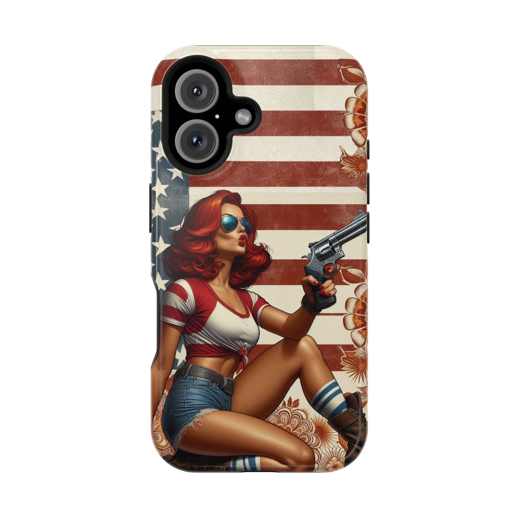 Americana .44 Magnum Pinup Girl - Magnetic Impact‑Resistant Phone Case  iPhone 13-17 / Samsung S26  MagSafe Compatible