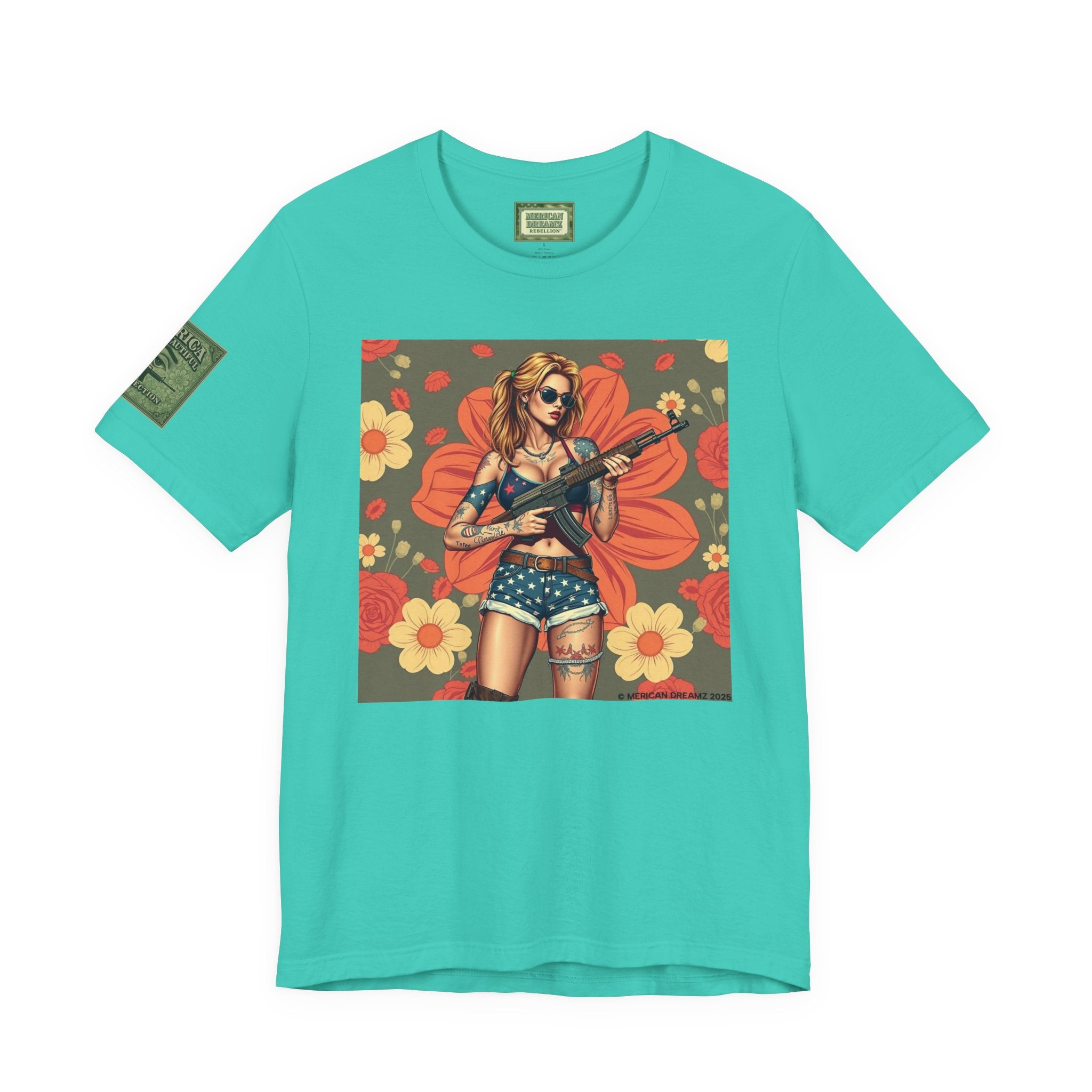 Graphic Short Sleeve Tee front and back — Retro Americana Pin-Up Girls with AK-47 Rifles