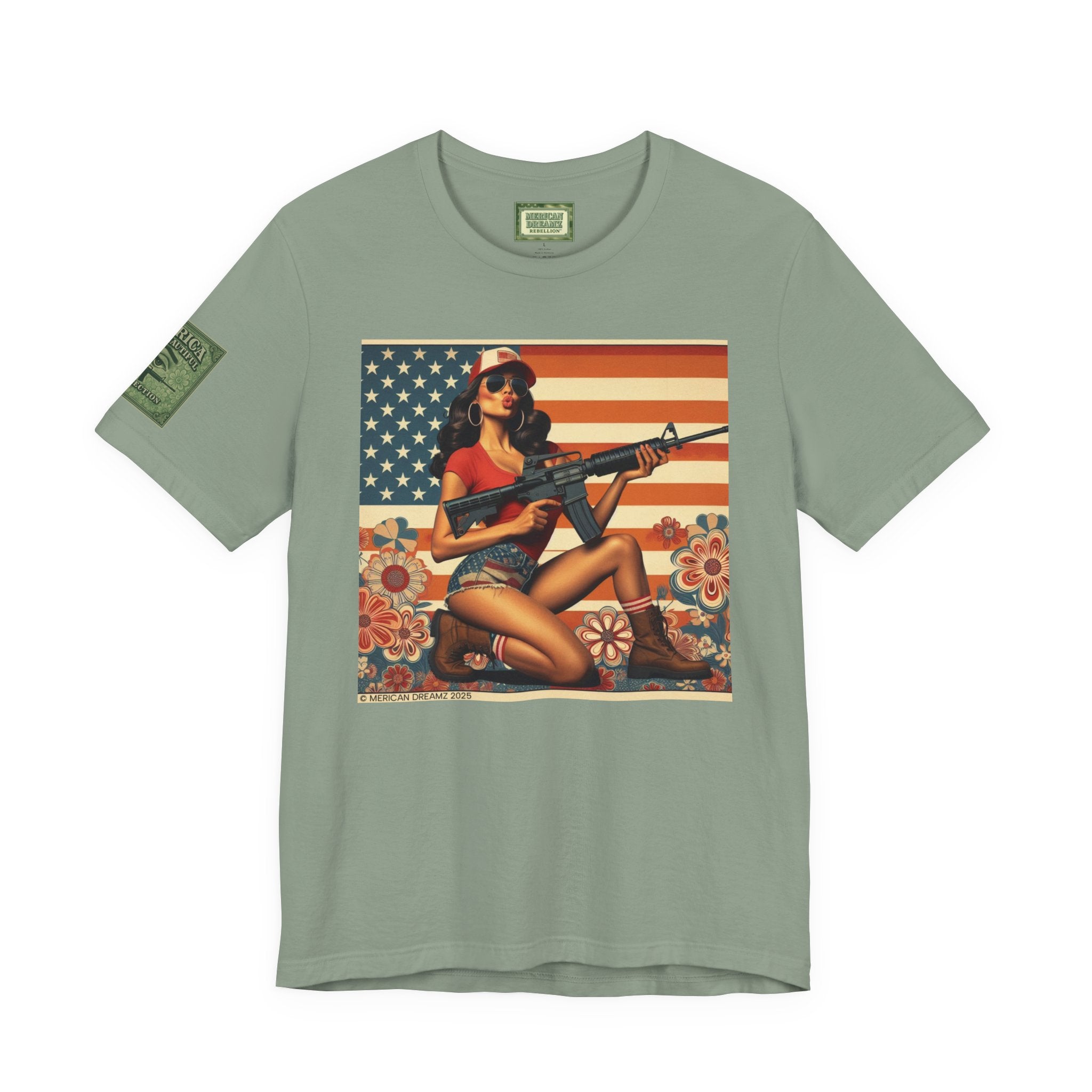 Graphic Short Sleeve Tee front and back — Retro Americana Pin-Up Girls with AR-15 Rifles