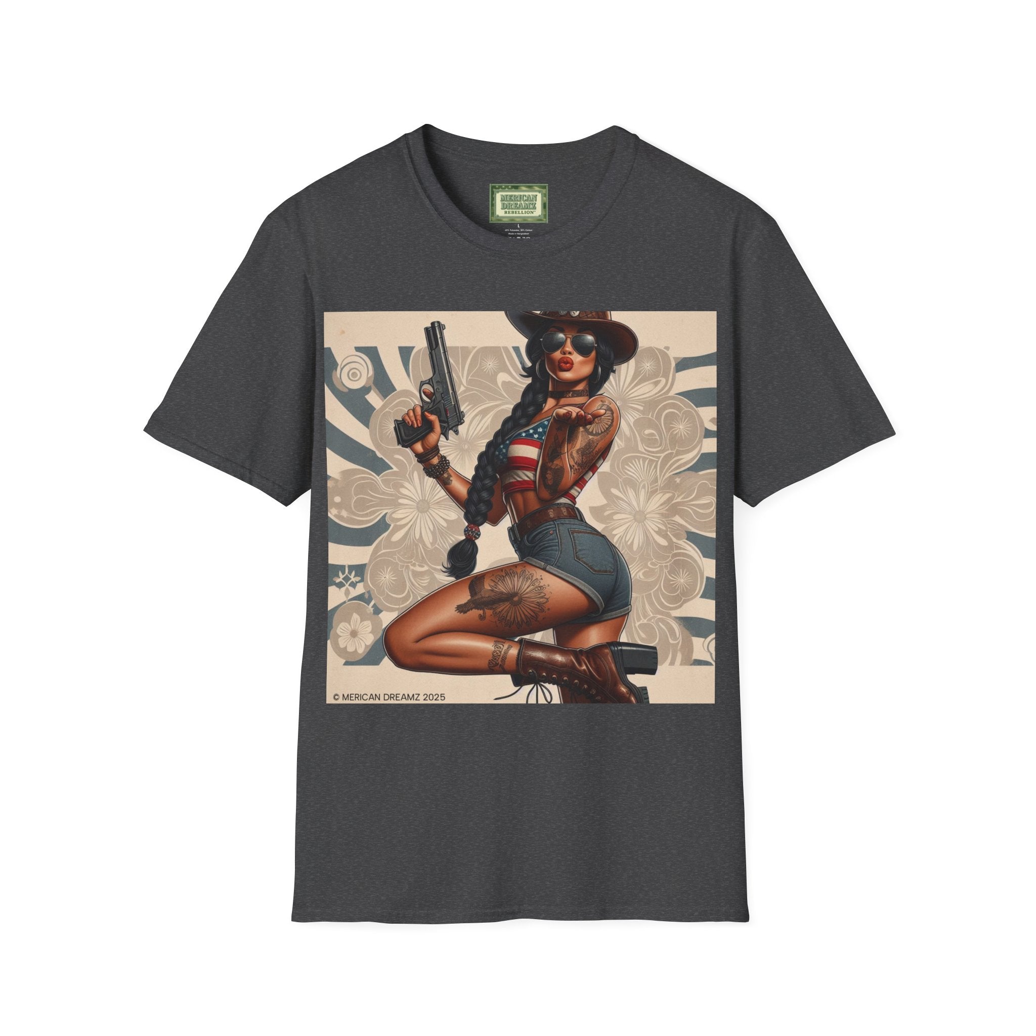 Pin-Up Americana T-Shirt — Retro Floral Gun Cowgirl Vintage Style (US Only)