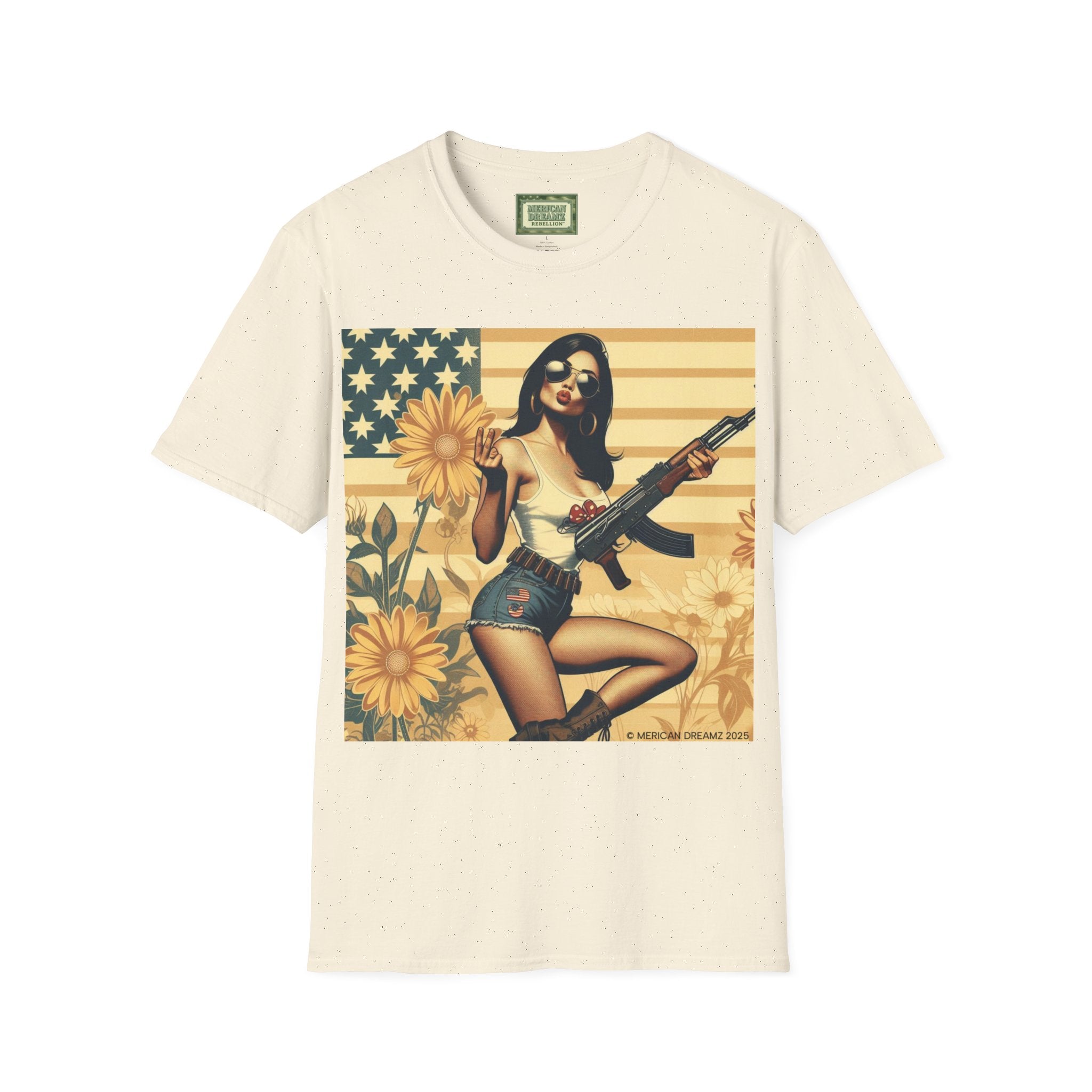 Graphic T-Shirt — Patriotic Pinup Girl with Rifle Vintage Flag Design (US Only)