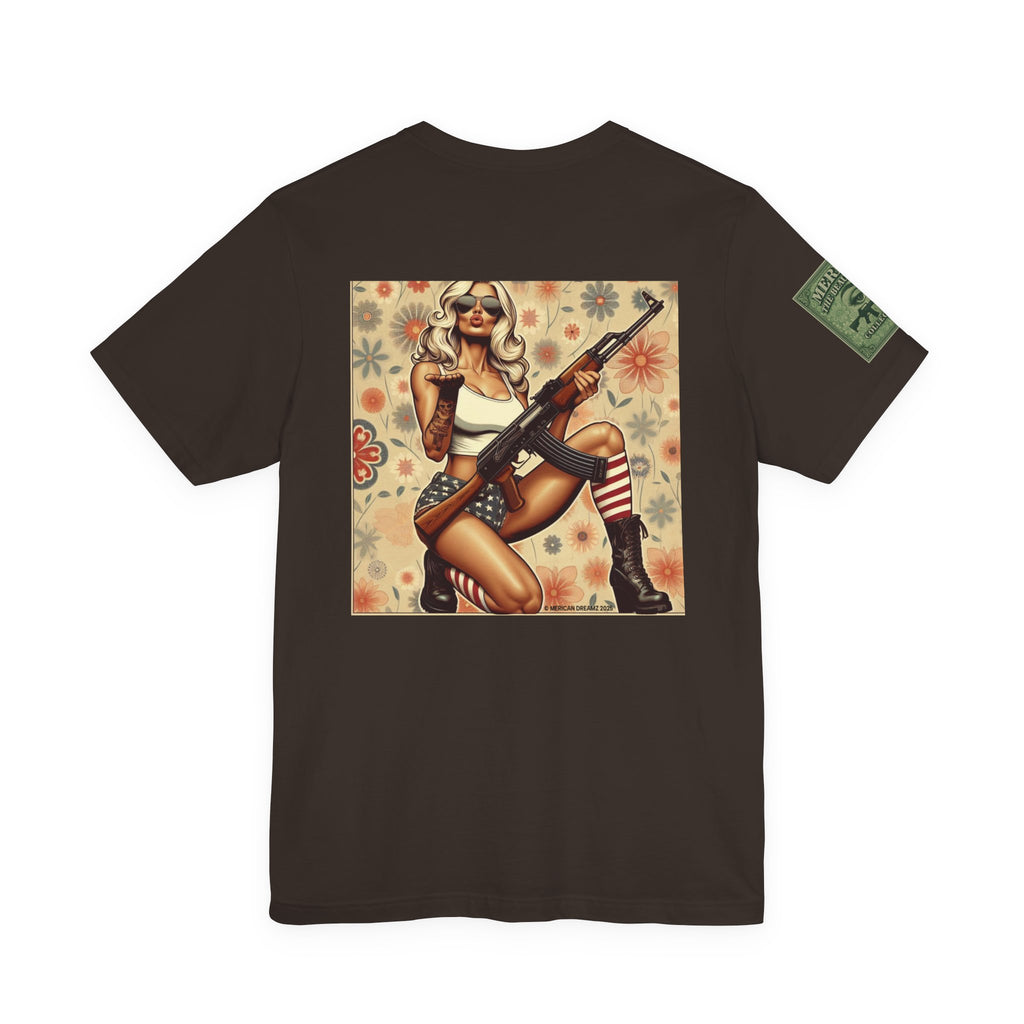 Graphic Short Sleeve Tee front and back — Retro Americana Pin-Up Girls with AK-47 Rifles