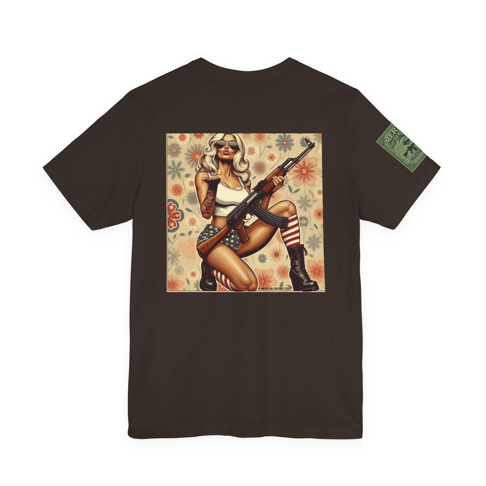 Graphic Short Sleeve Tee front and back — Retro Americana Pin-Up Girls with AK-47 Rifles