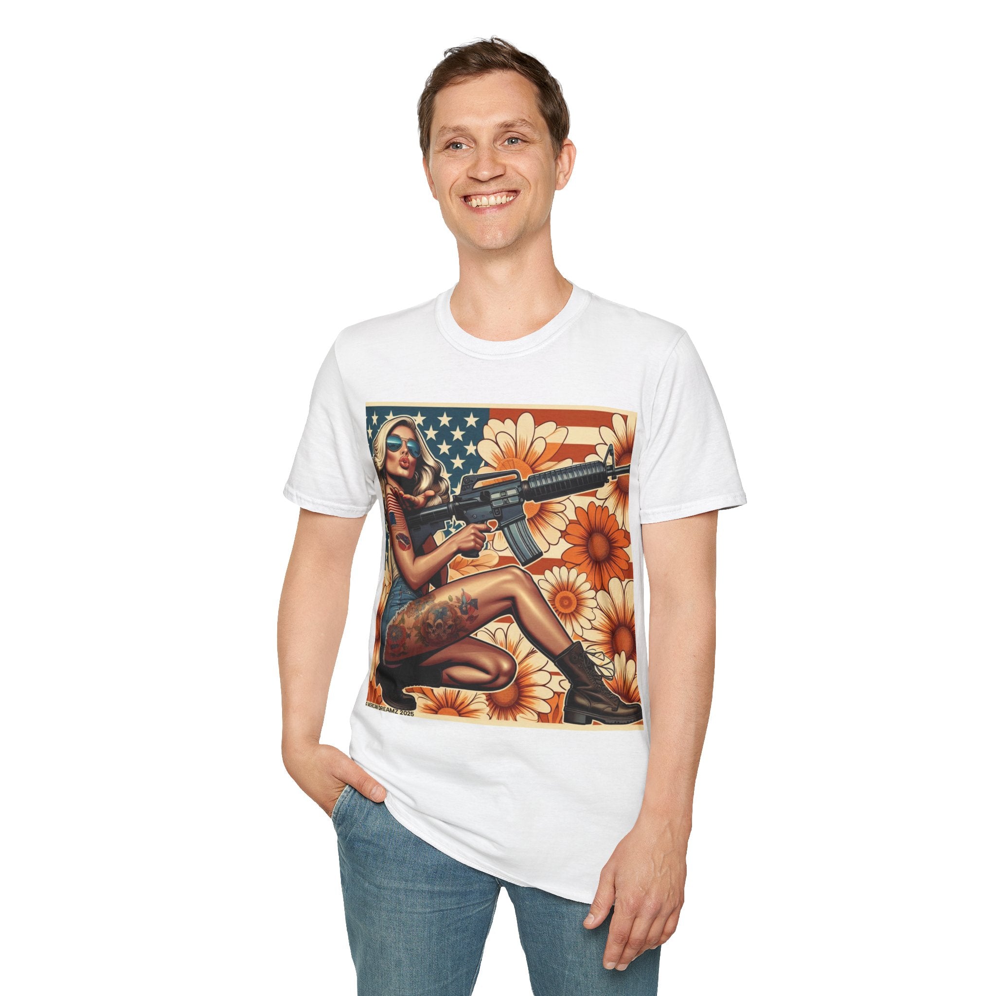 Graphic T-Shirt — Patriotic Pinup Girl with Rifle Vintage Flag Design (US Only)
