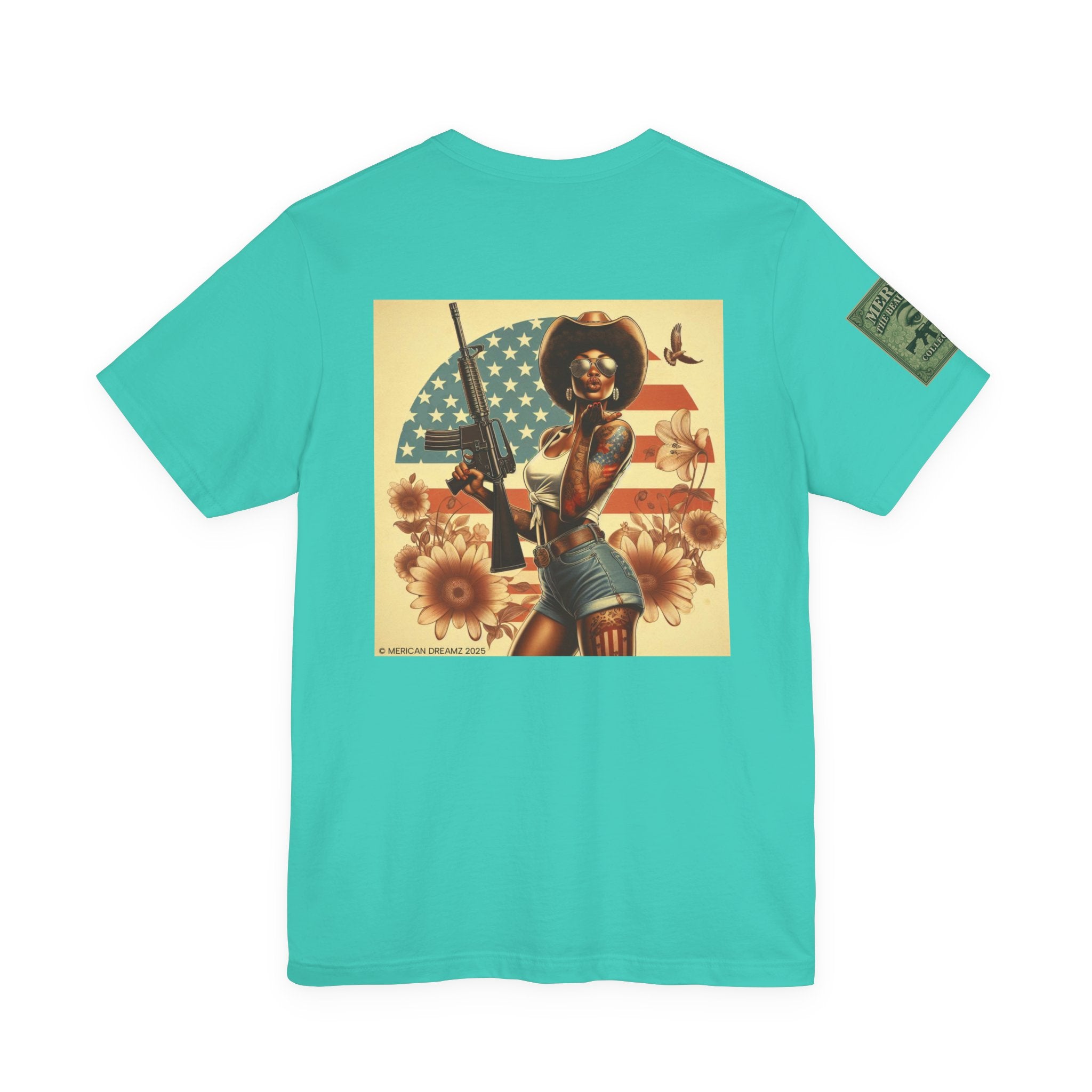 Graphic Short Sleeve Tee front and back — Retro Americana Pin-Up Cowgirls with .44 Magnum and AR-15