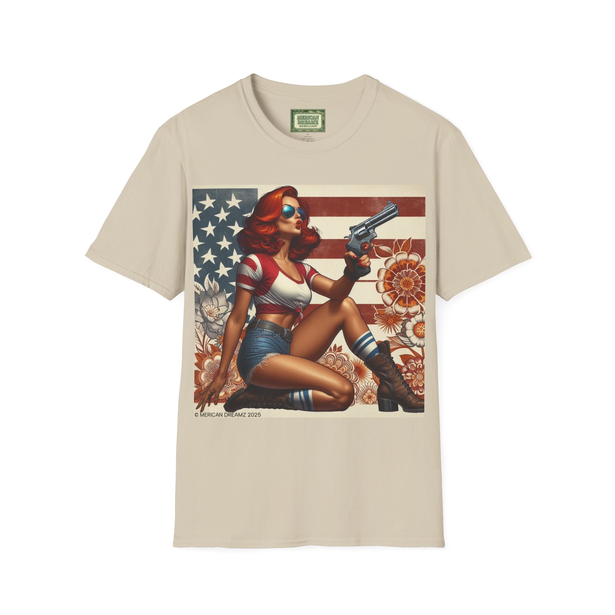 Graphic T-Shirt — Patriotic Pinup Girl with Rifle Vintage Flag Design (US Only)